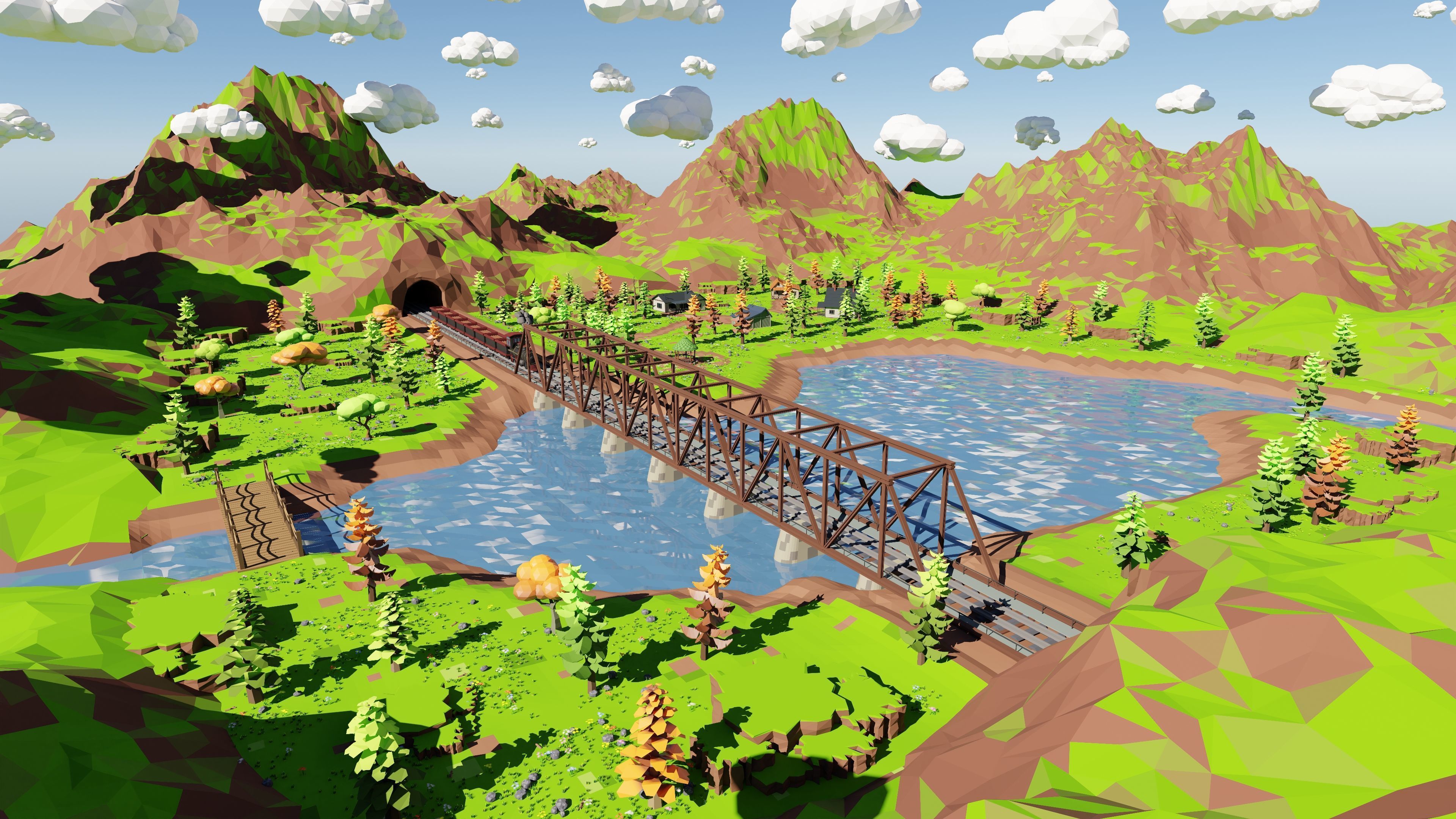 Mountain Village With Train 3D model_15