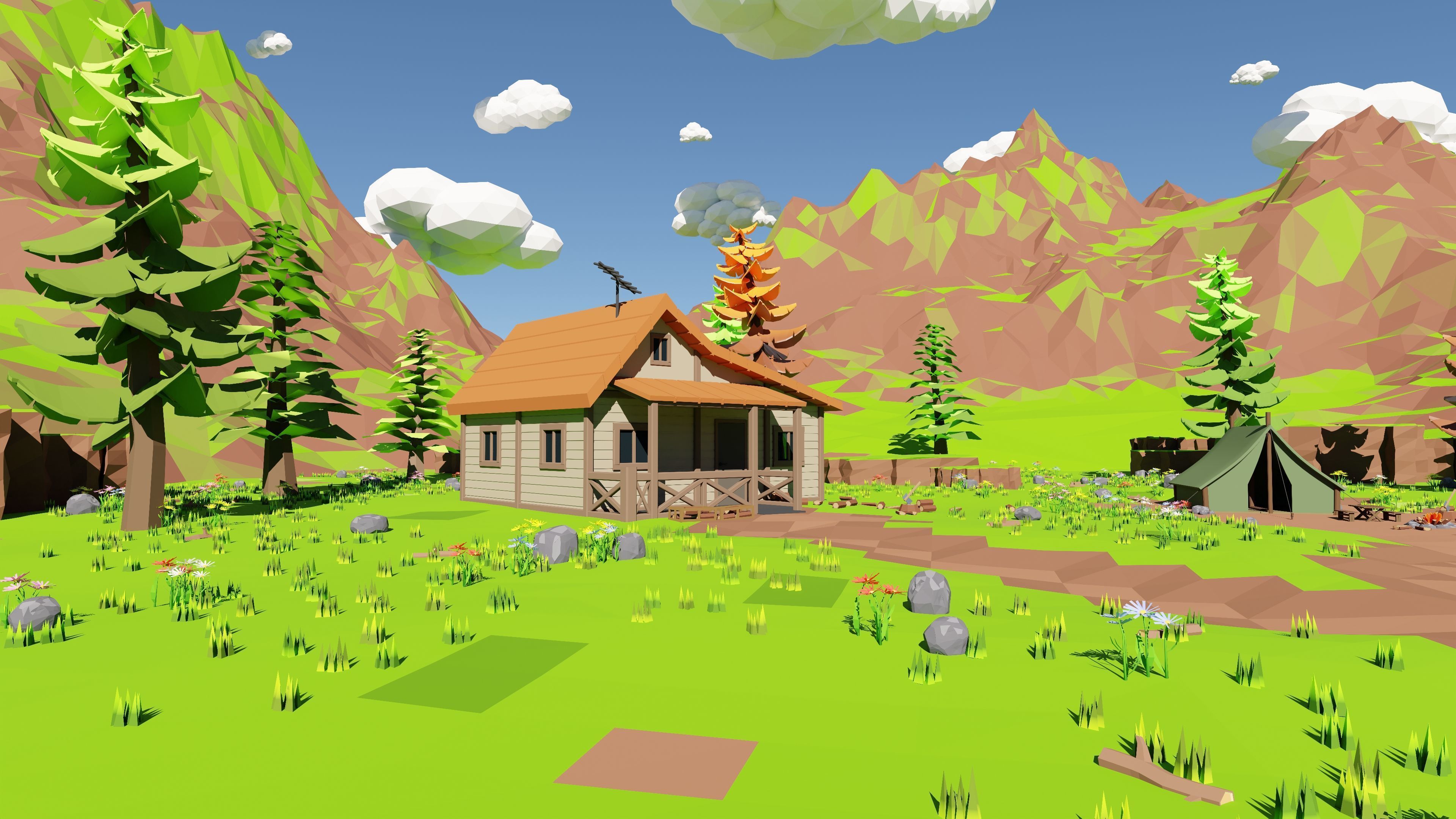 Mountain Village With Train 3D model_52