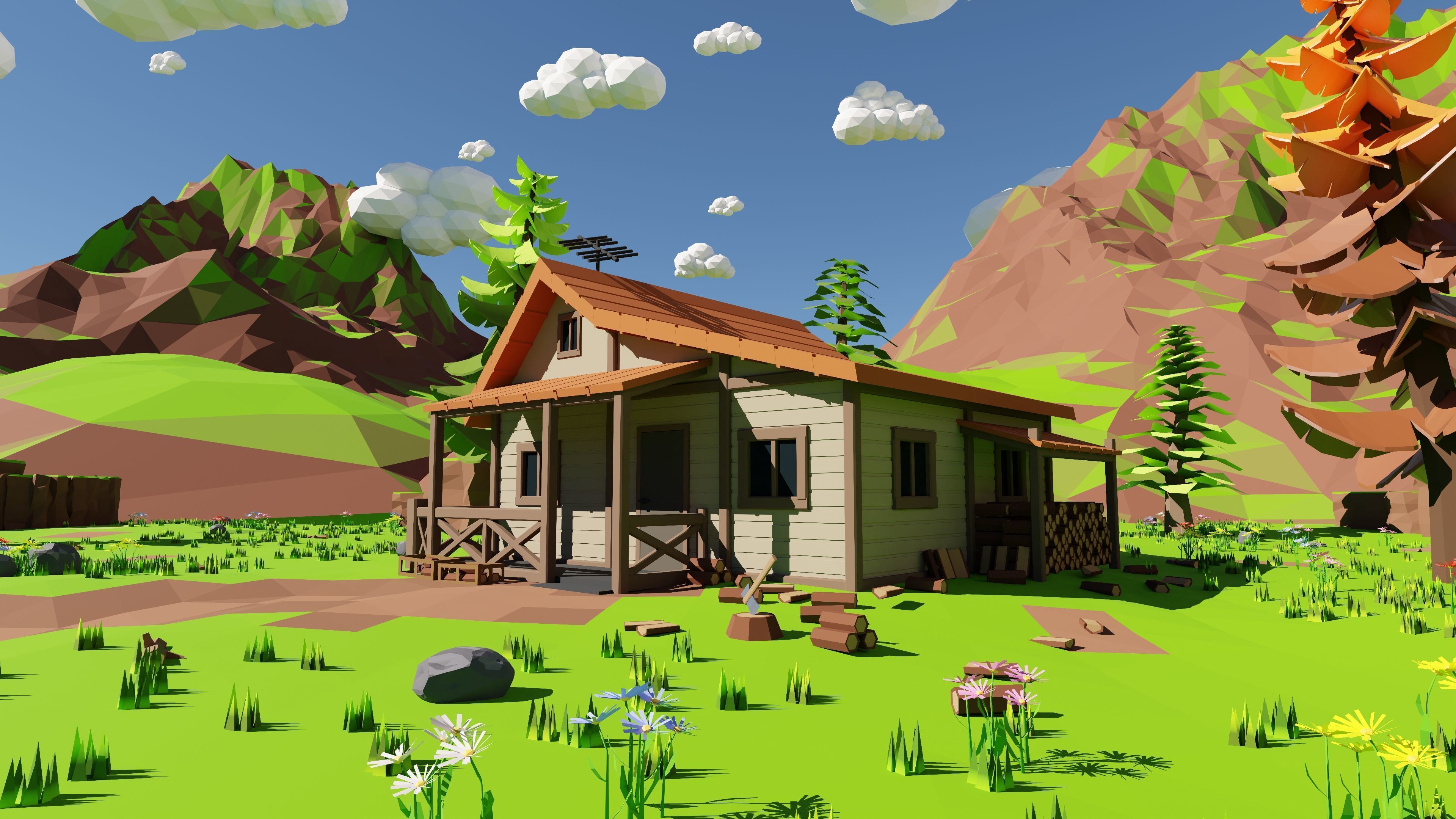 Mountain Village With Train 3D model_6