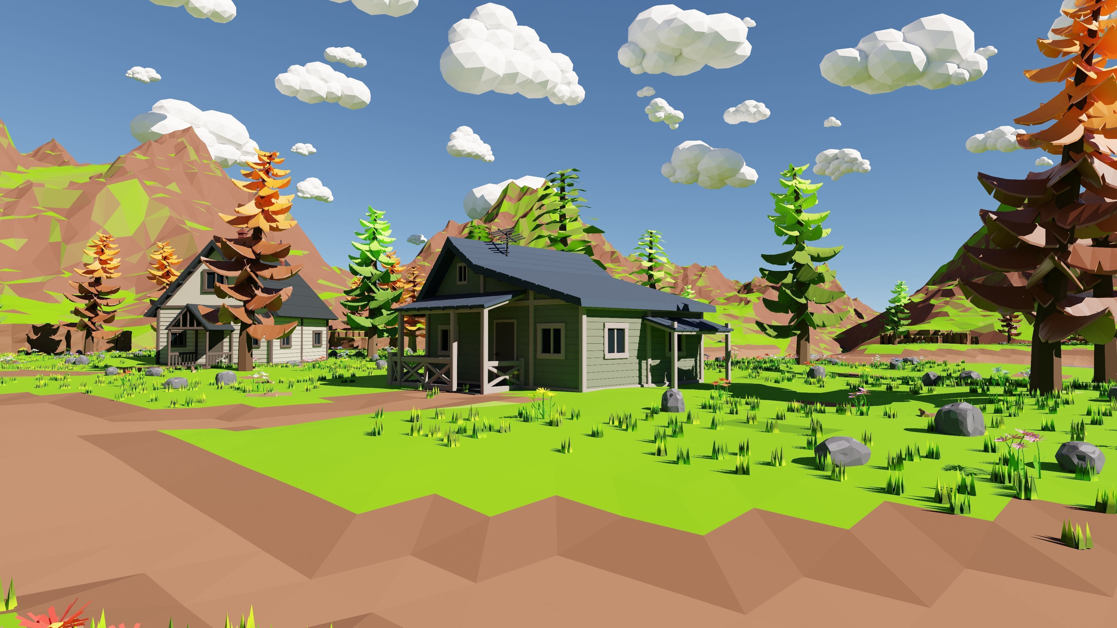Mountain Village With Train 3D model_7