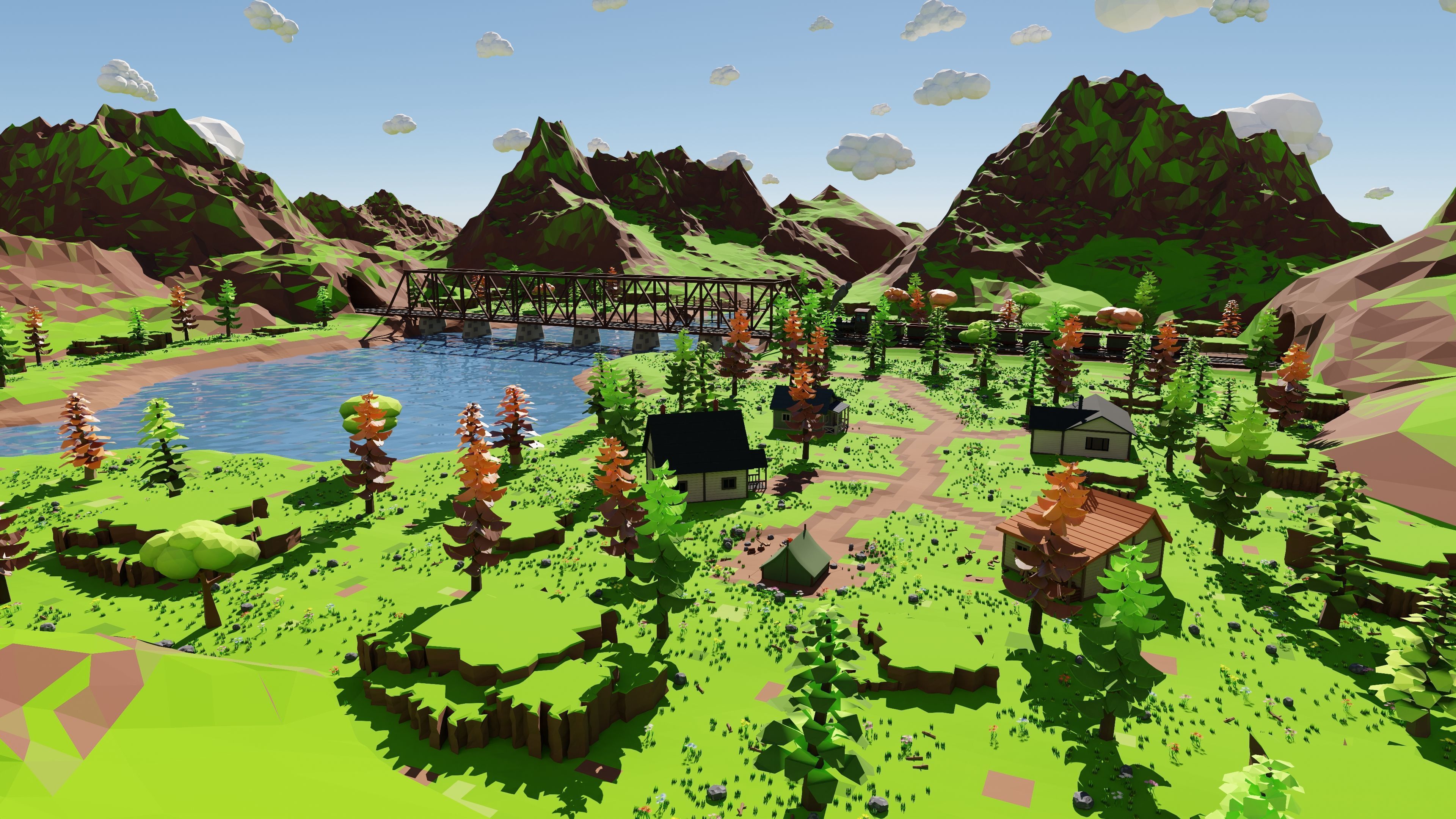 Mountain Village With Train 3D model_1