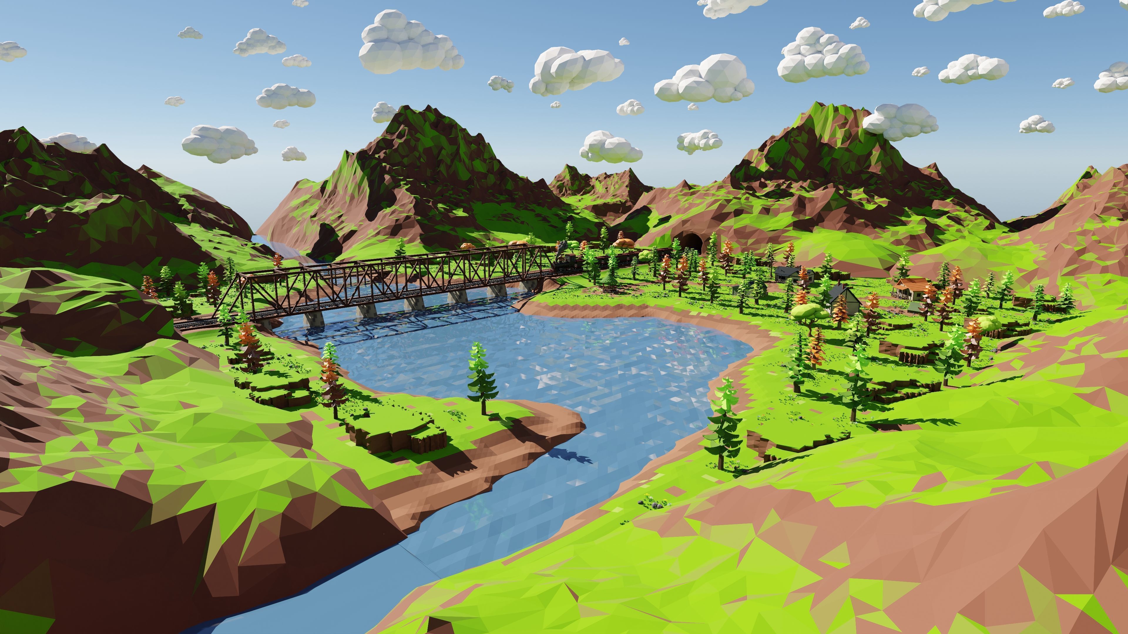 Mountain Village With Train 3D model_14