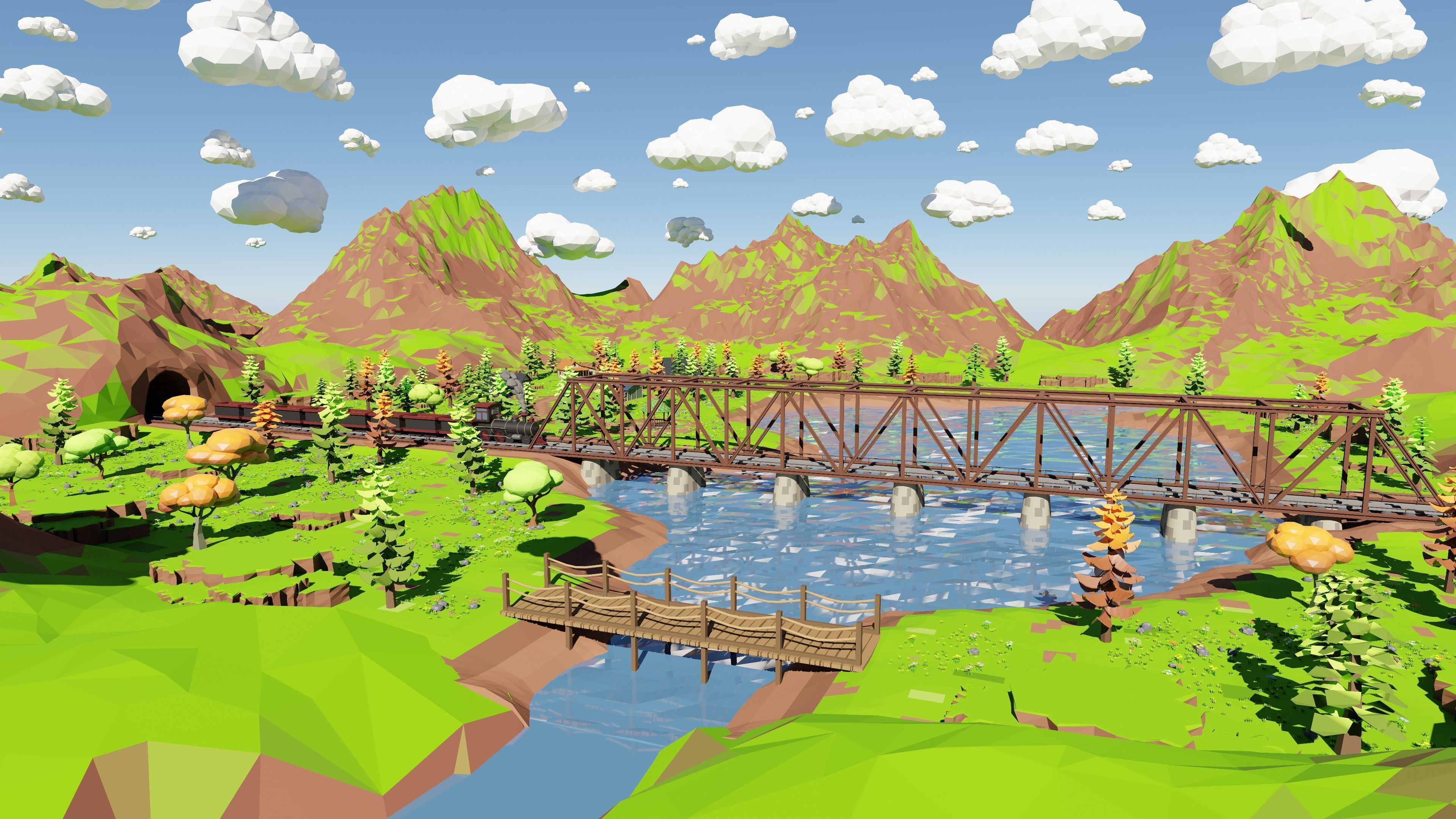 Mountain Village With Train 3D model_24
