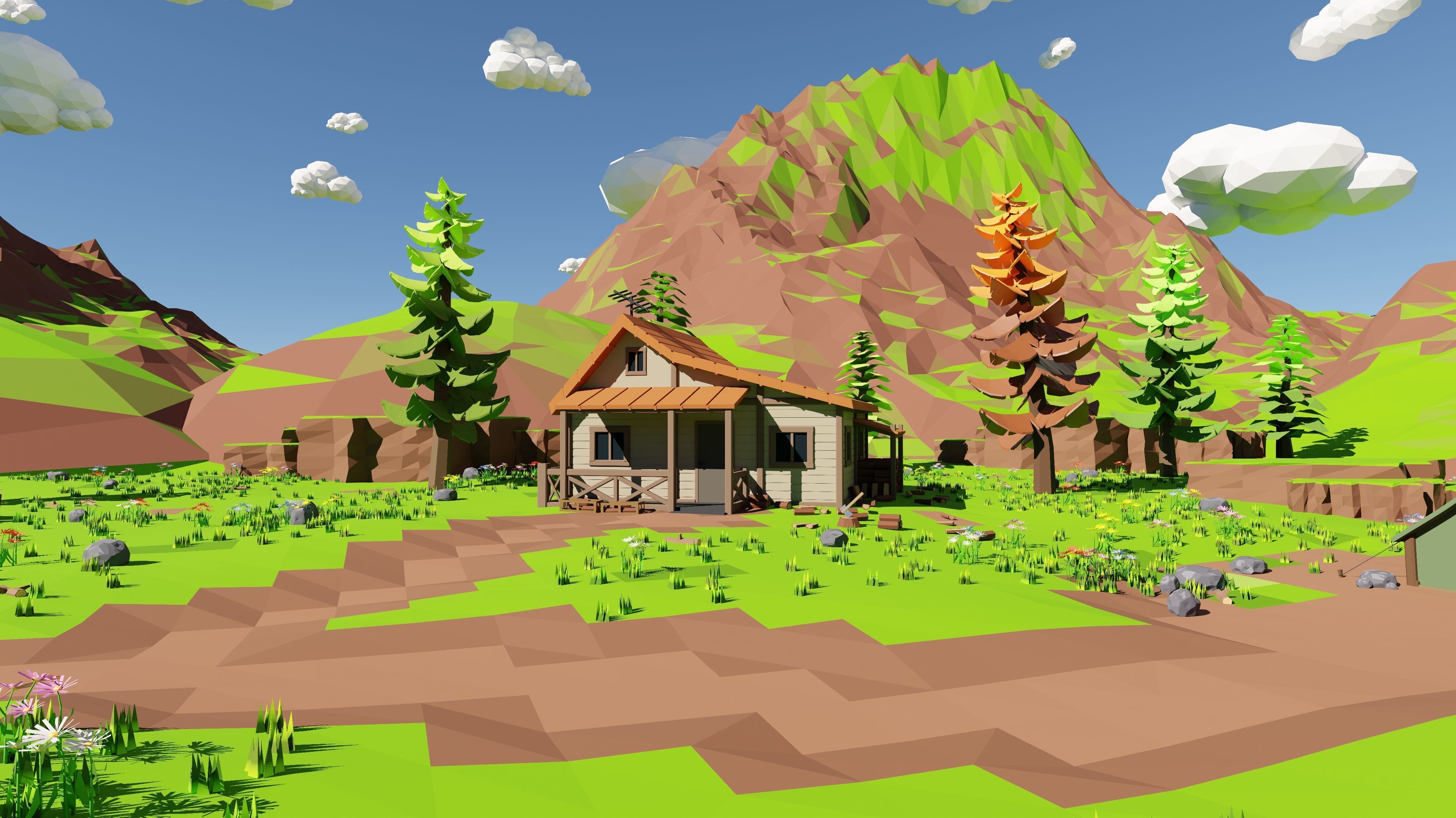 Mountain Village With Train 3D model_32