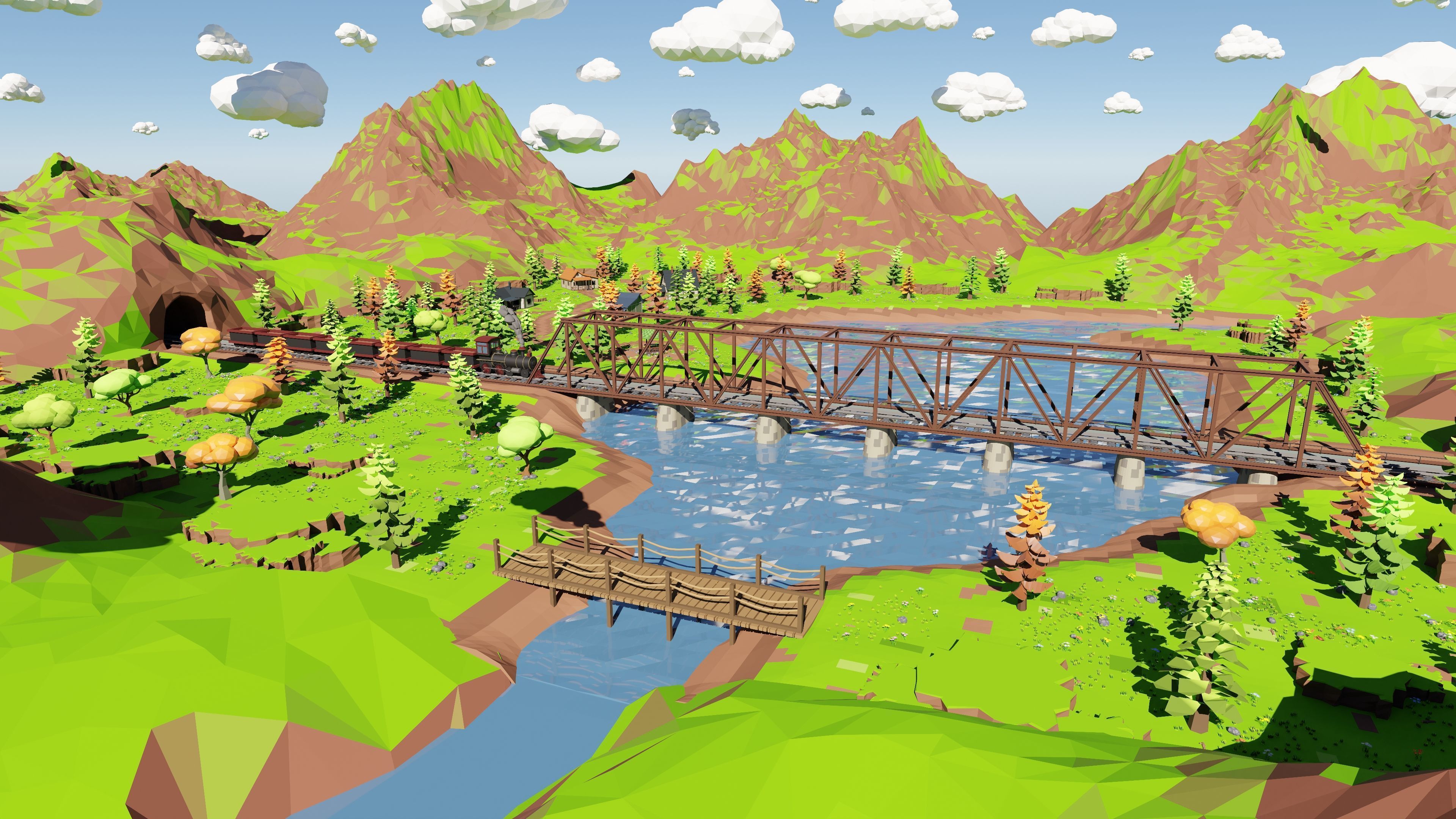 Mountain Village With Train 3D model_30