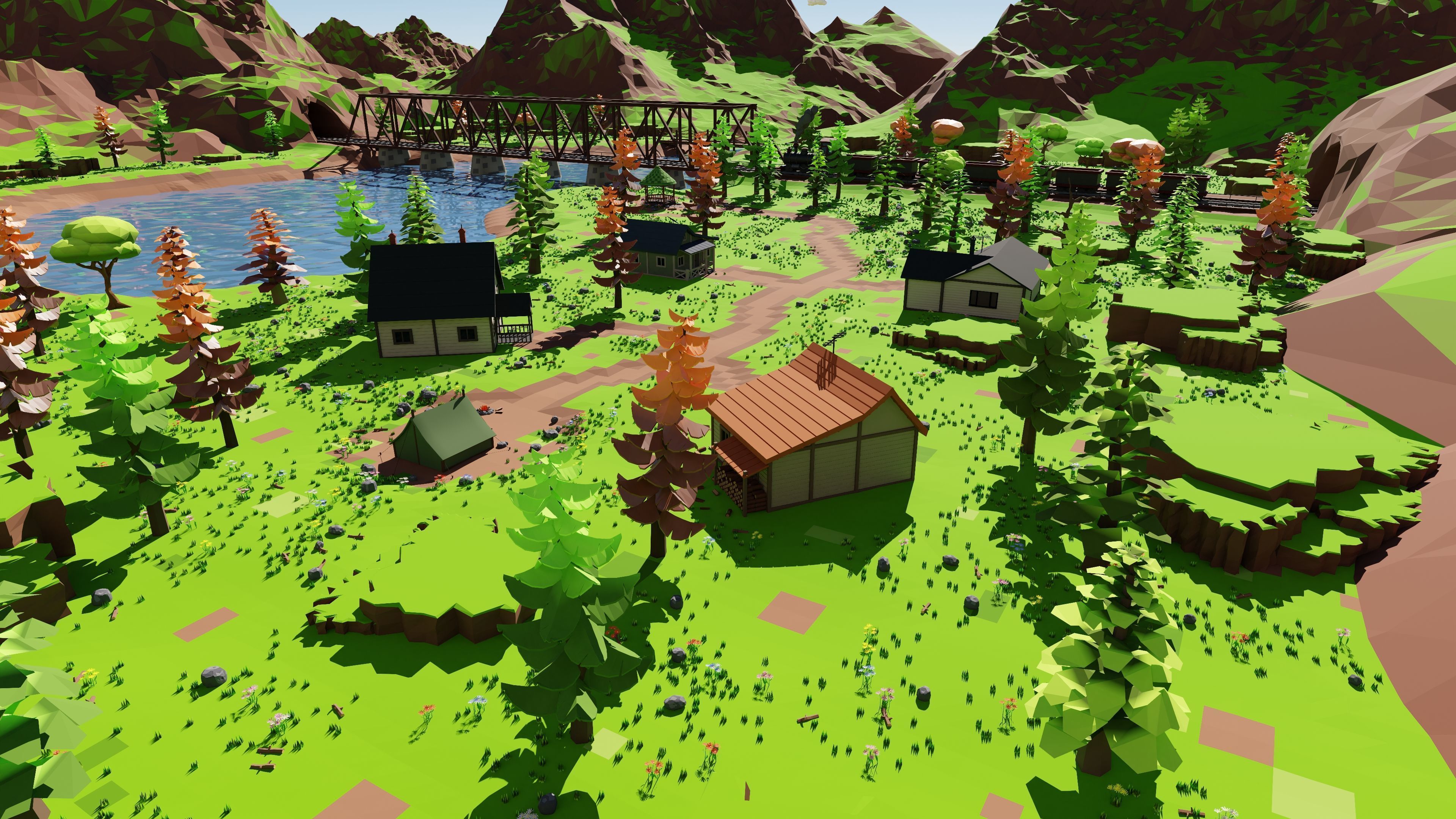 Mountain Village With Train 3D model_55