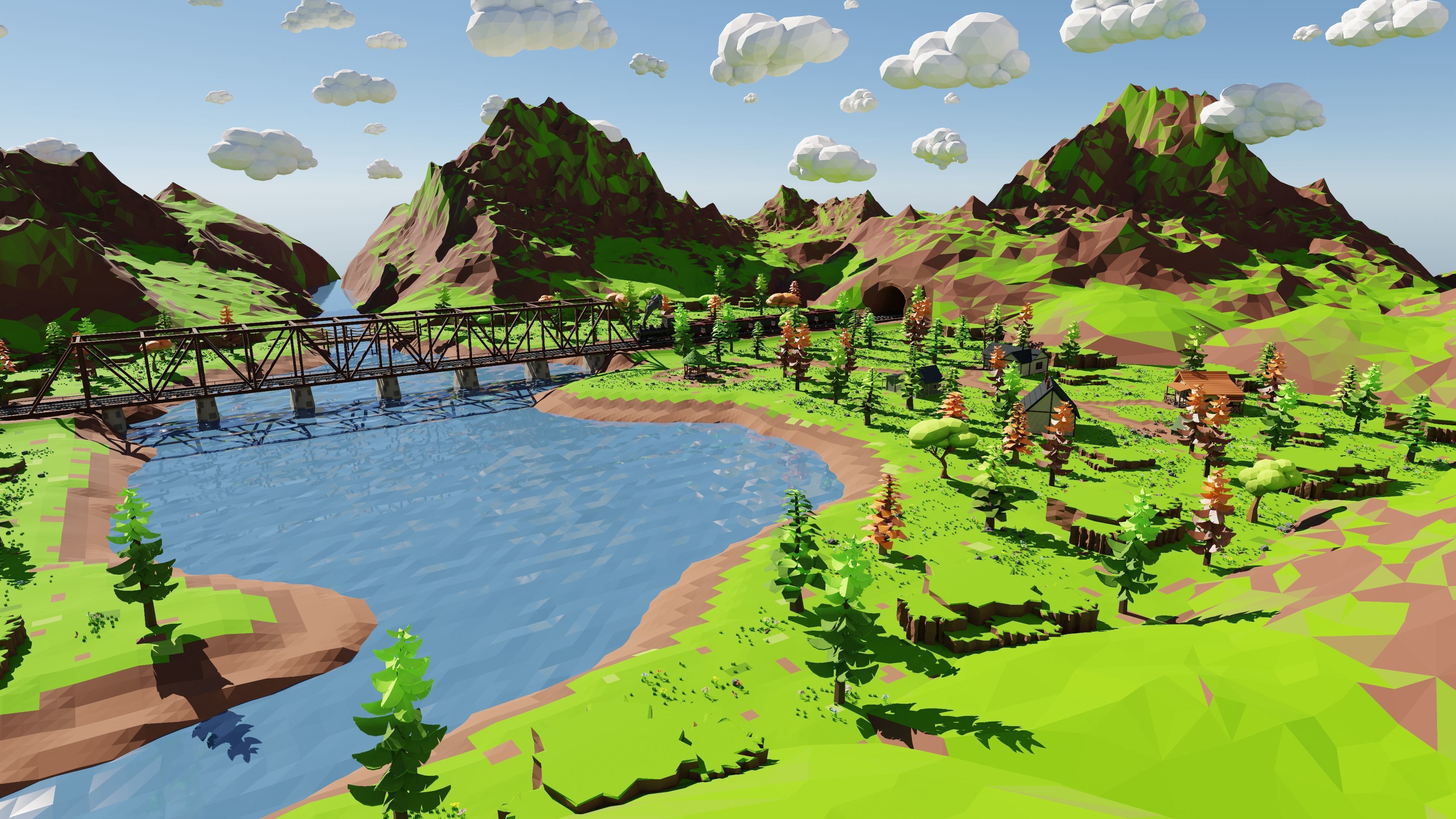 Mountain Village With Train 3D model_23
