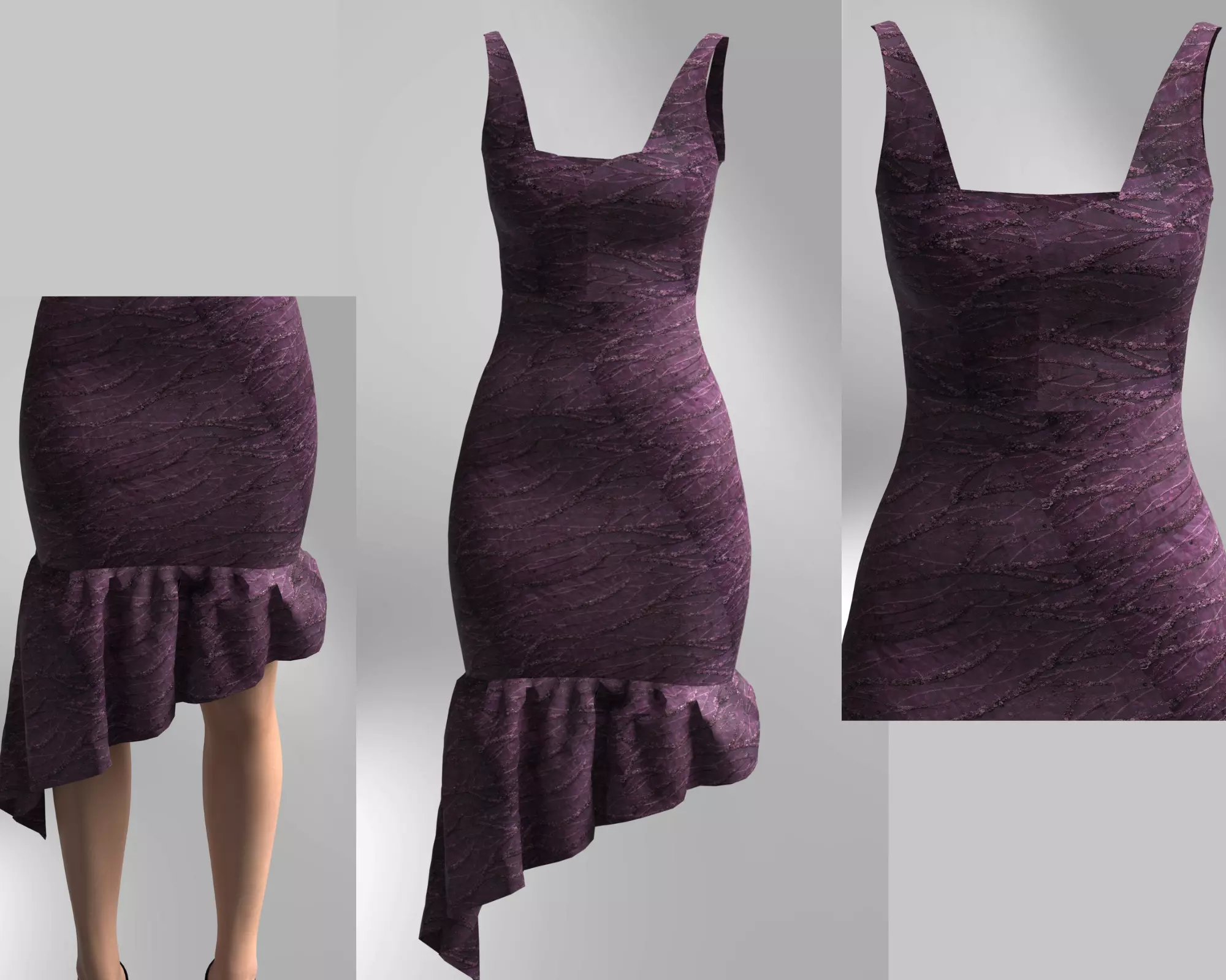 Purple Asymmetrical Mermaid Dress with Ruffled Hem 3D model