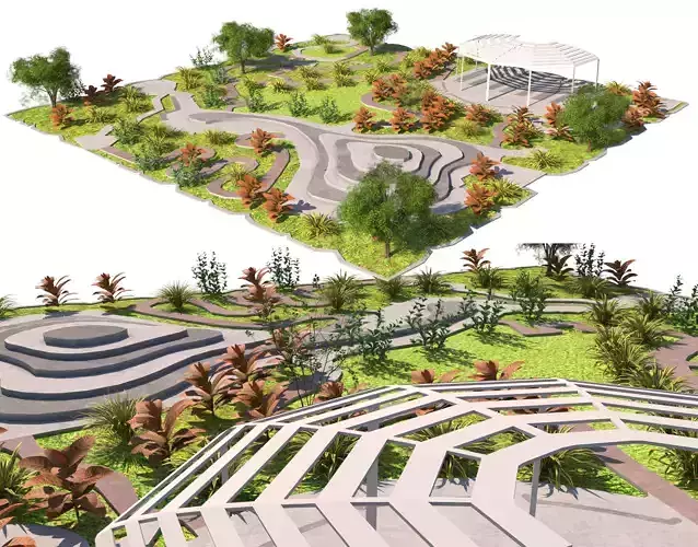 Park with Winding Paths and Lush Greenery