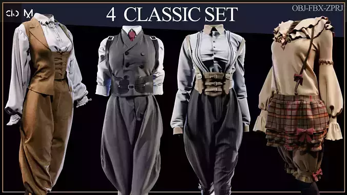 4 Vintage Outfits Set 3D print model