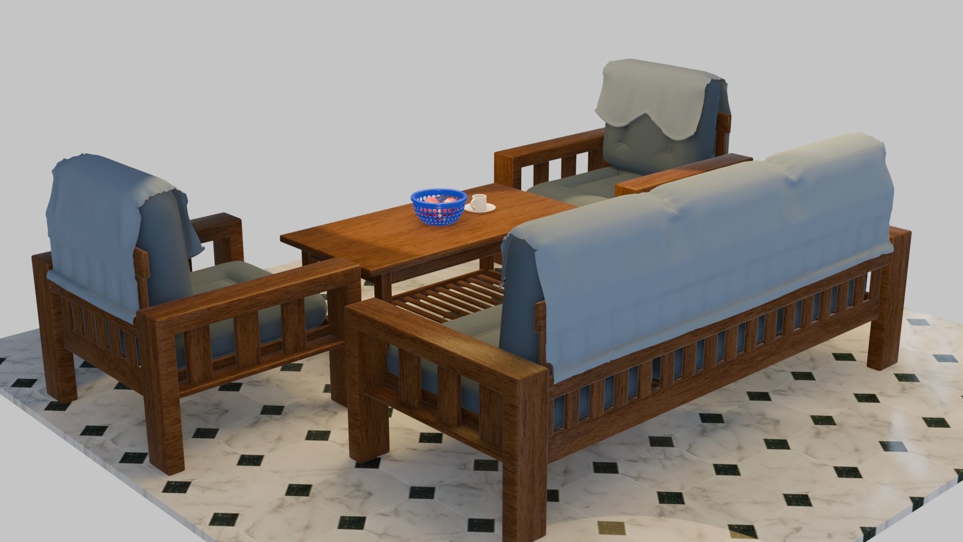 Sofa Set wooden with cushion Low-poly 3D model_3
