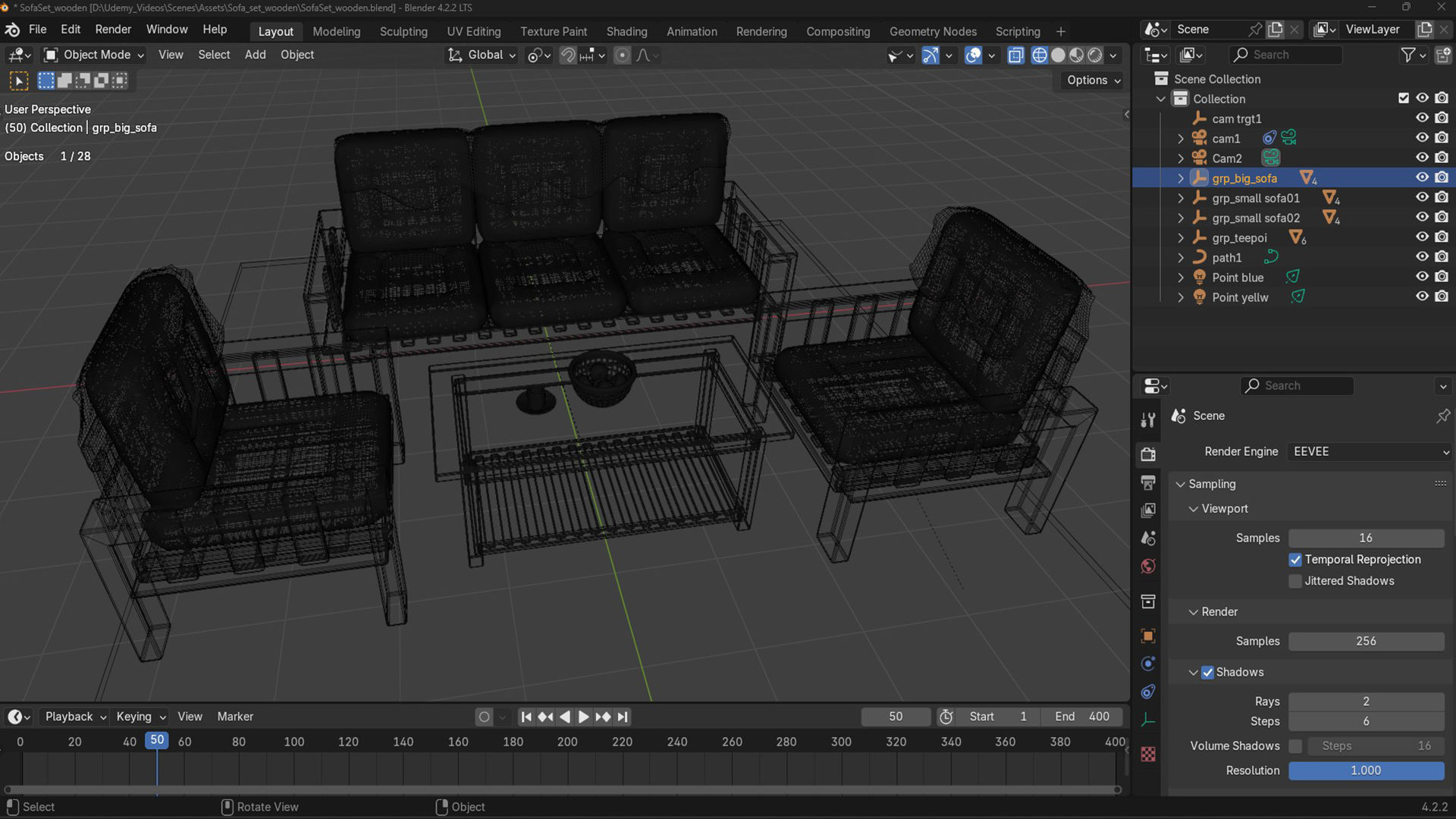 Sofa Set wooden with cushion Low-poly 3D model_9