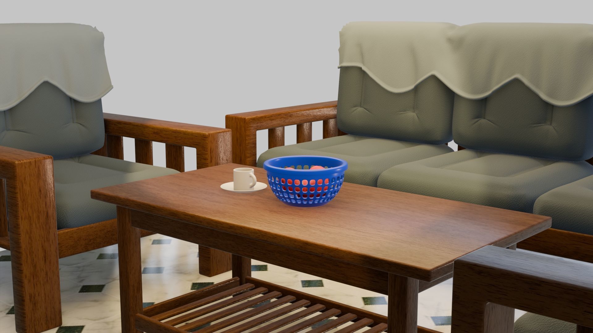 Sofa Set wooden with cushion Low-poly 3D model_7