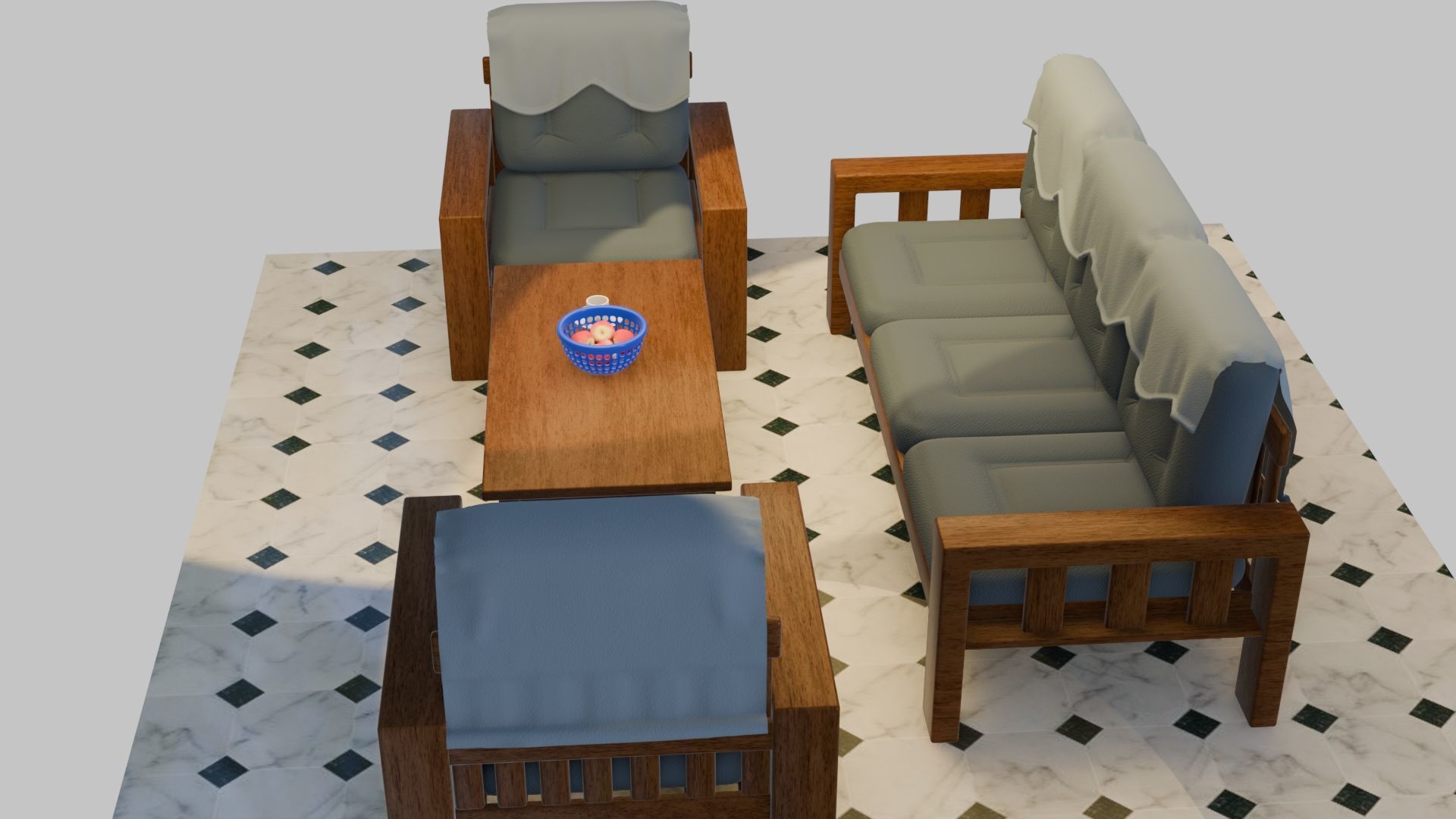 Sofa Set wooden with cushion Low-poly 3D model_2