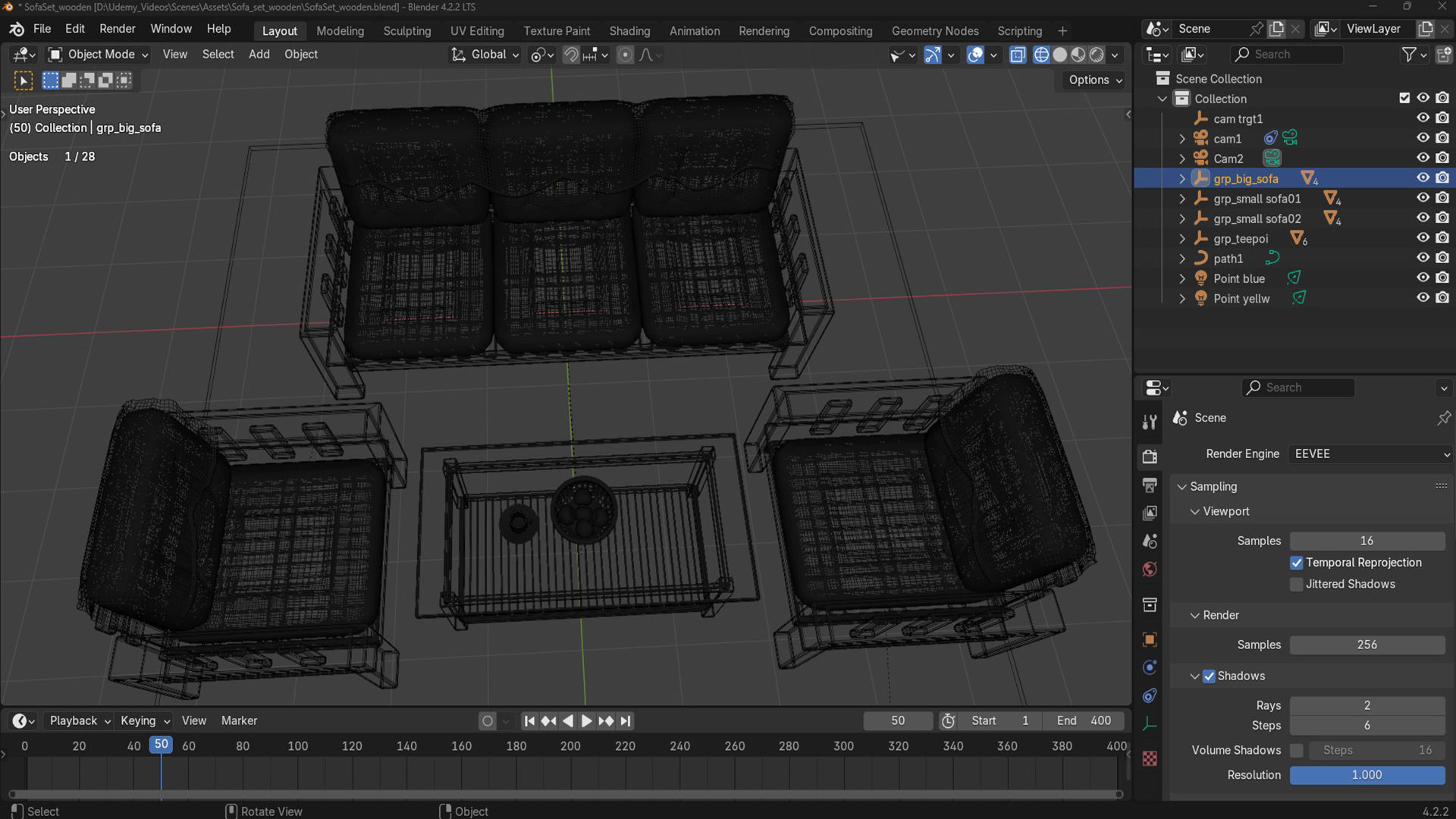 Sofa Set wooden with cushion Low-poly 3D model_10