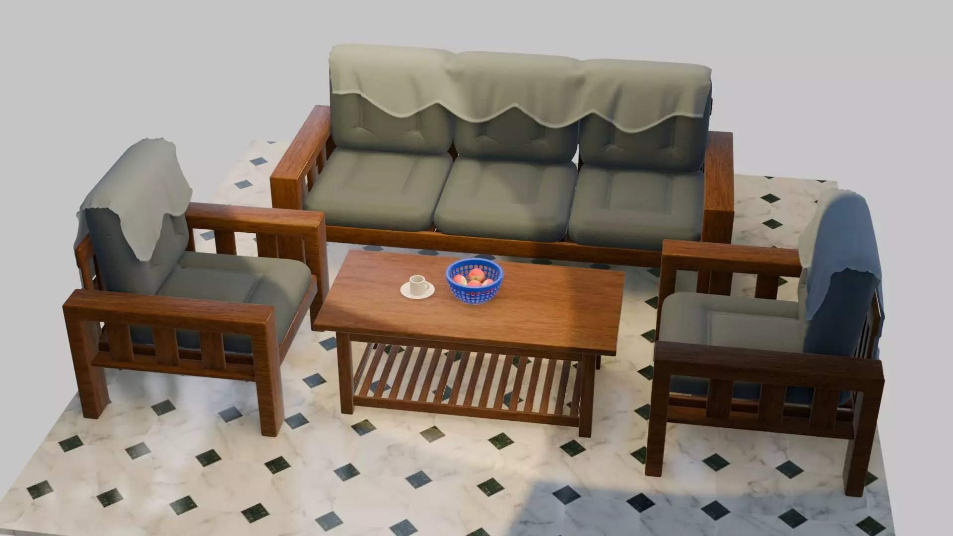 Sofa Set wooden with cushion Low-poly 3D model_0