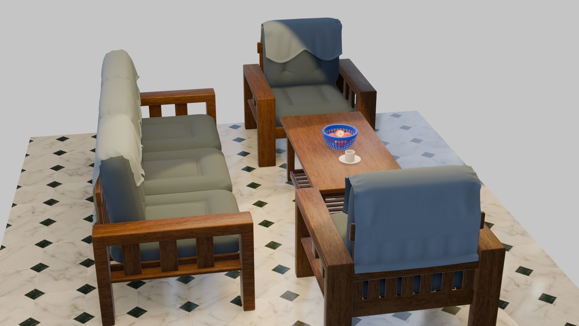 Sofa Set wooden with cushion Low-poly 3D model_4