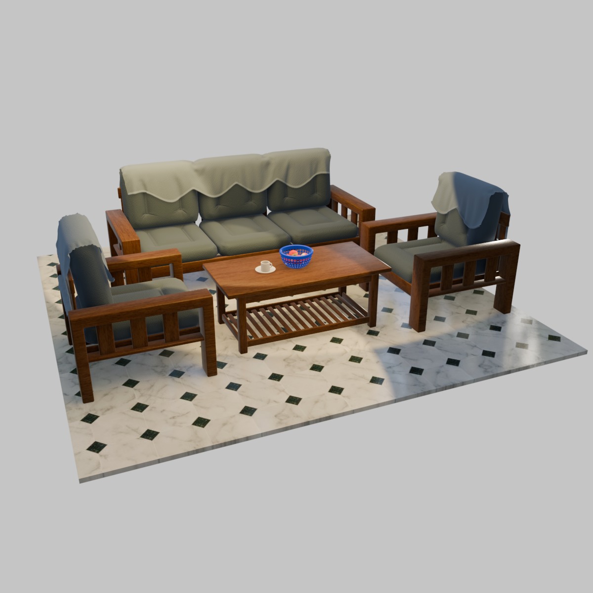 Sofa Set wooden with cushion Low-poly 3D model_11
