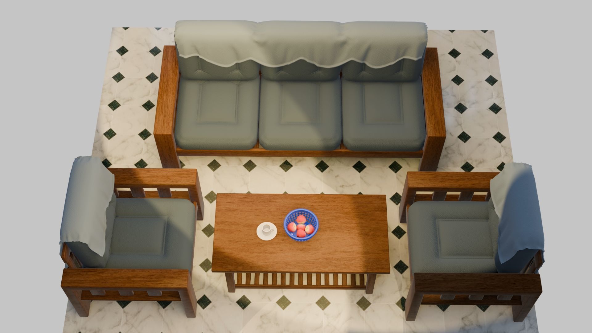 Sofa Set wooden with cushion Low-poly 3D model_1