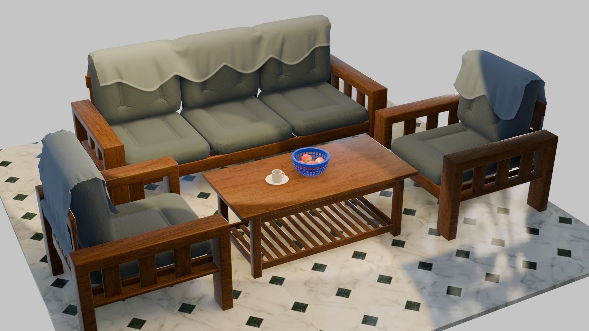 Sofa Set wooden with cushion Low-poly 3D model_5