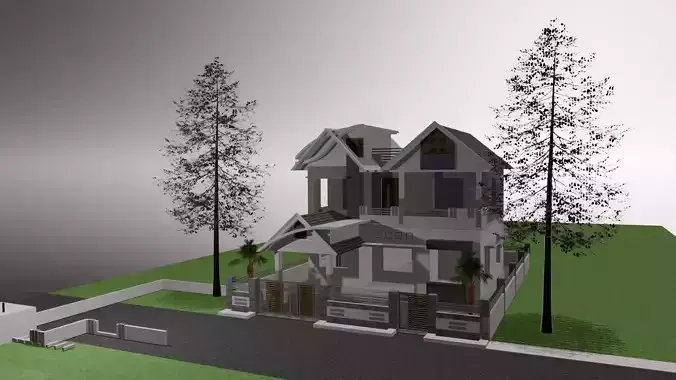 3d model of house and trees