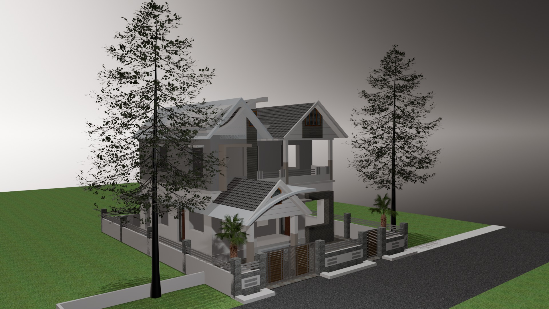 3d model of house and trees 3D model_3