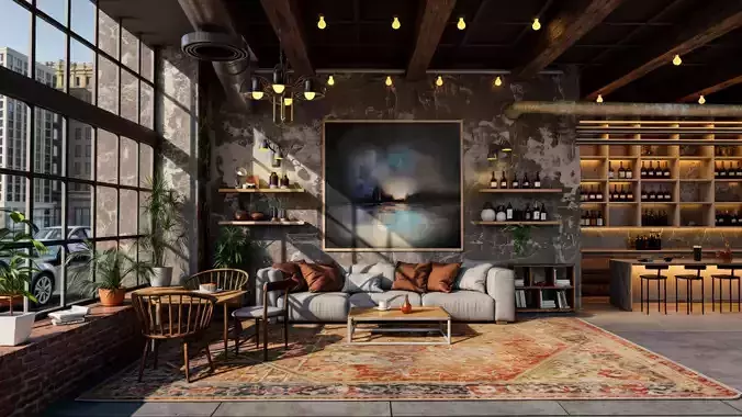 Industrial coffee shop interior scene