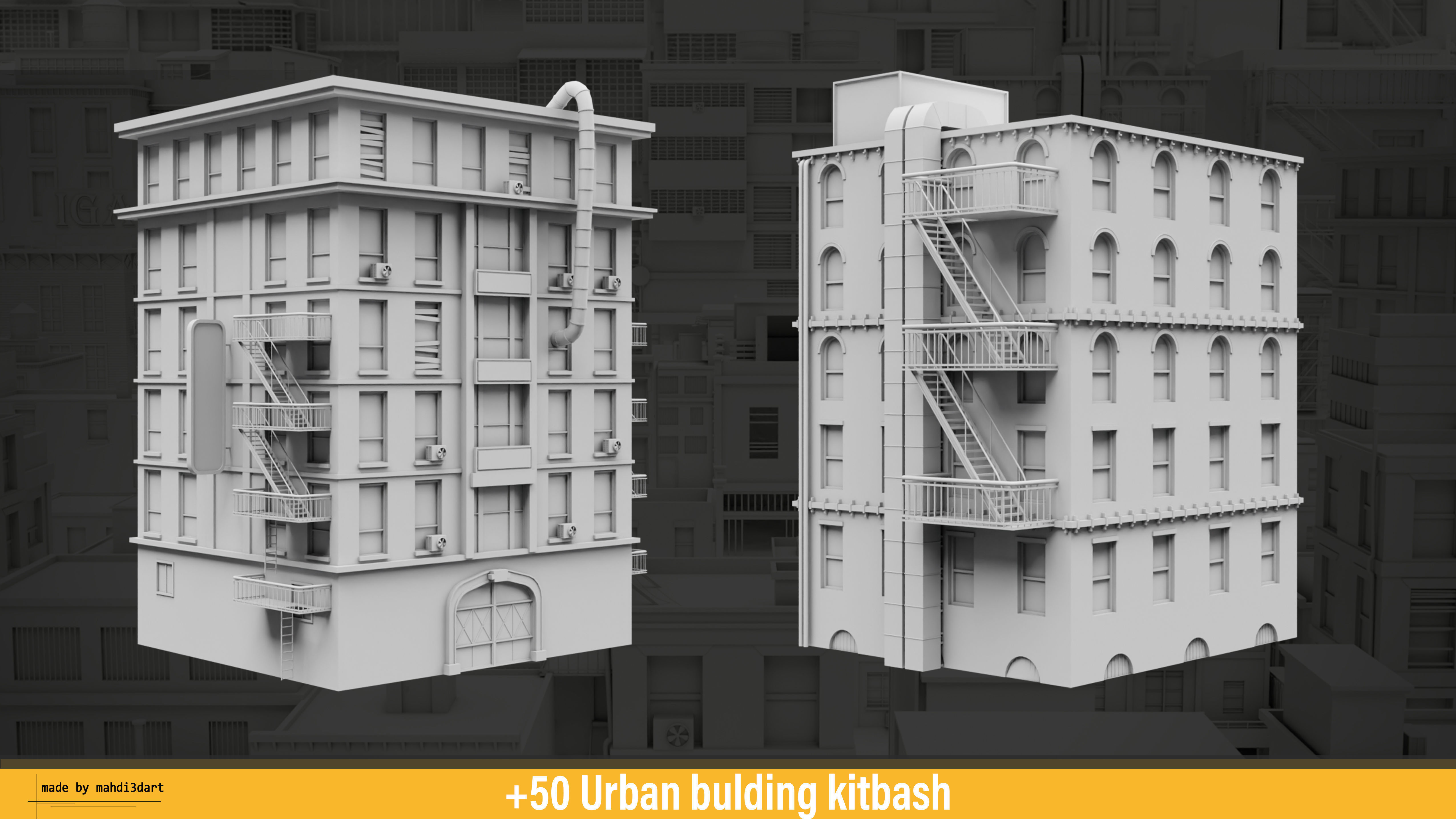 50 Urban building kitbash 3D model_7