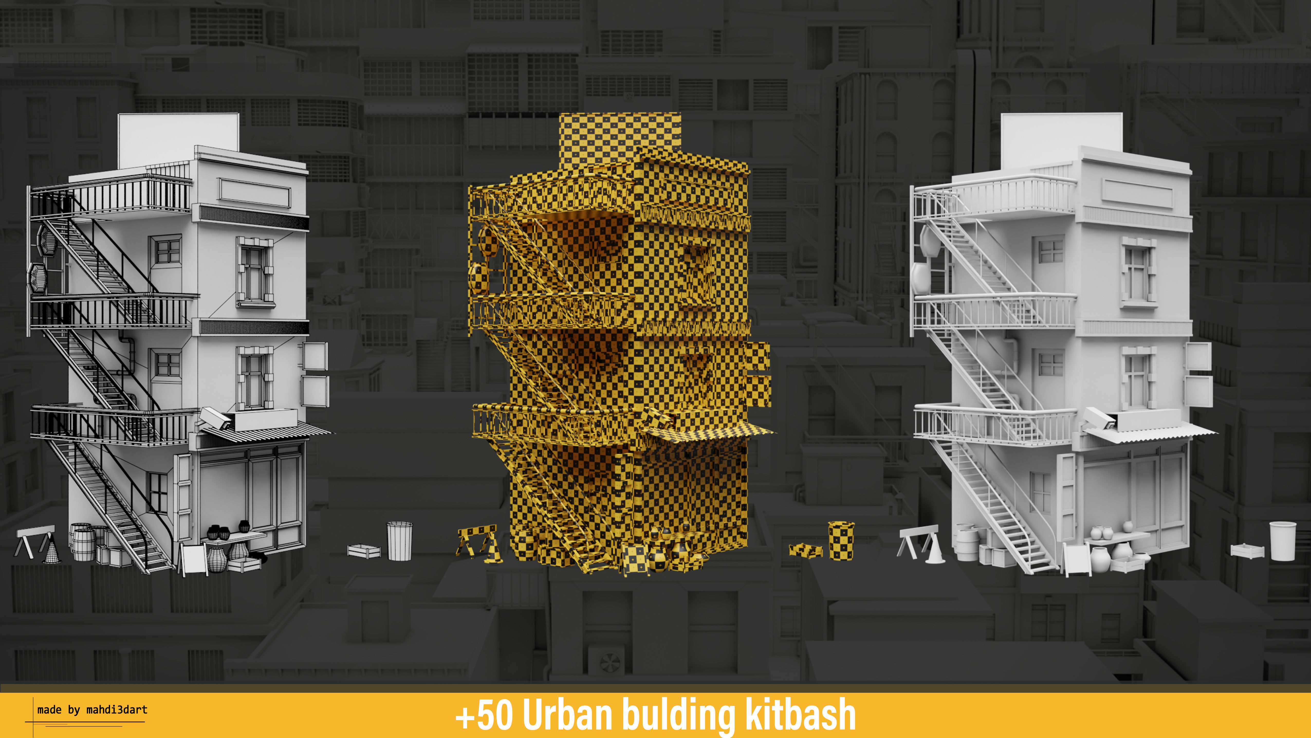 50 Urban building kitbash 3D model_3