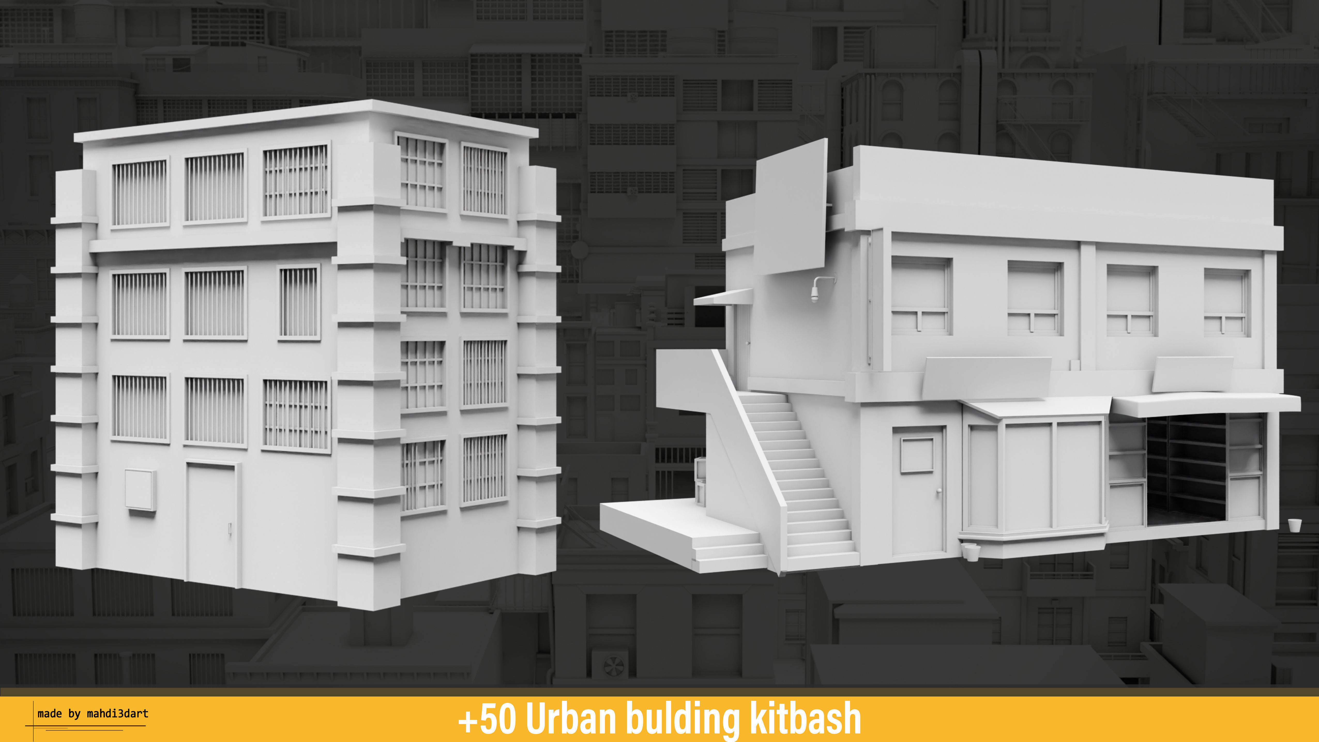 50 Urban building kitbash 3D model_8