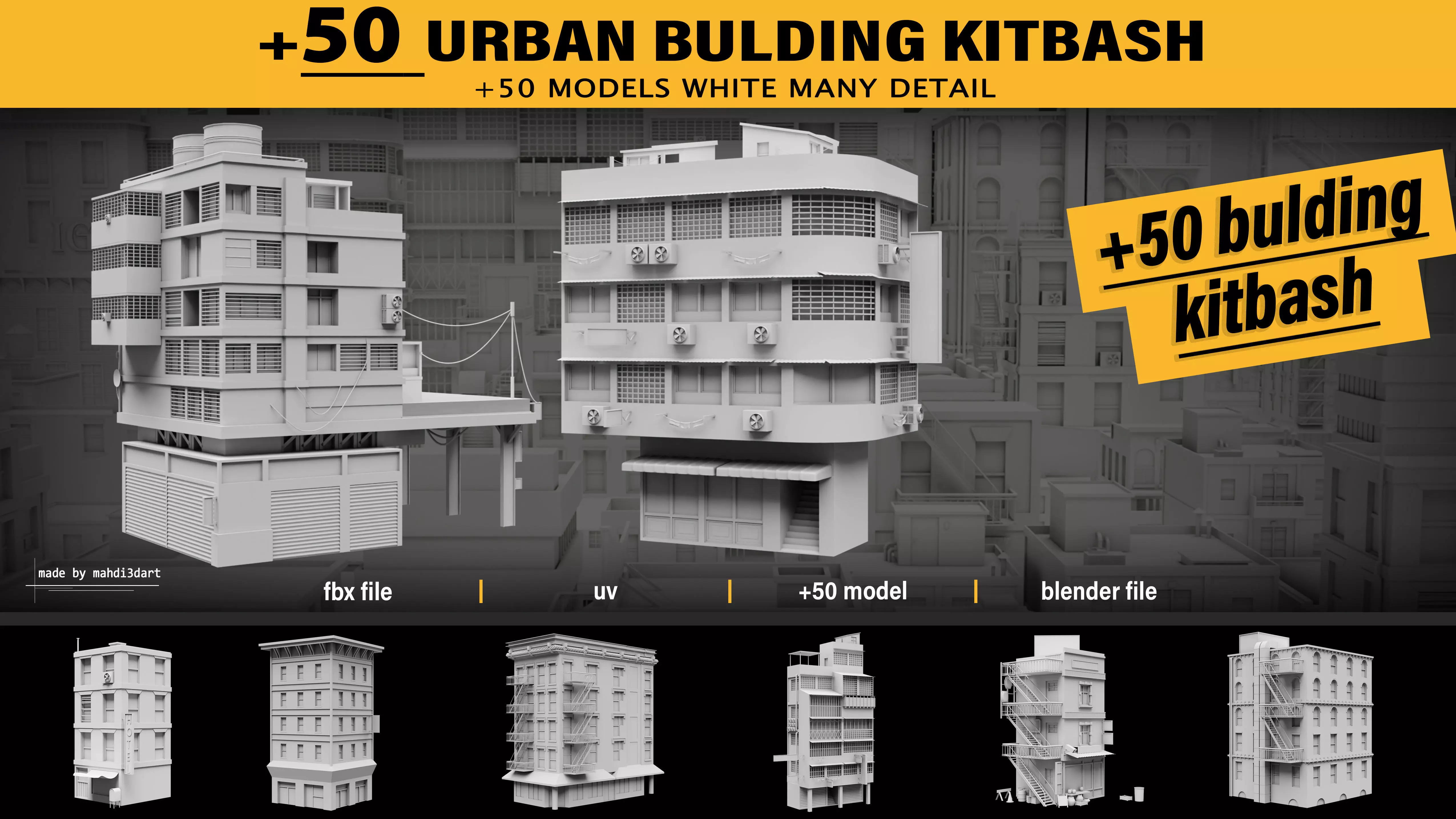 50 Urban building kitbash 3D model_0