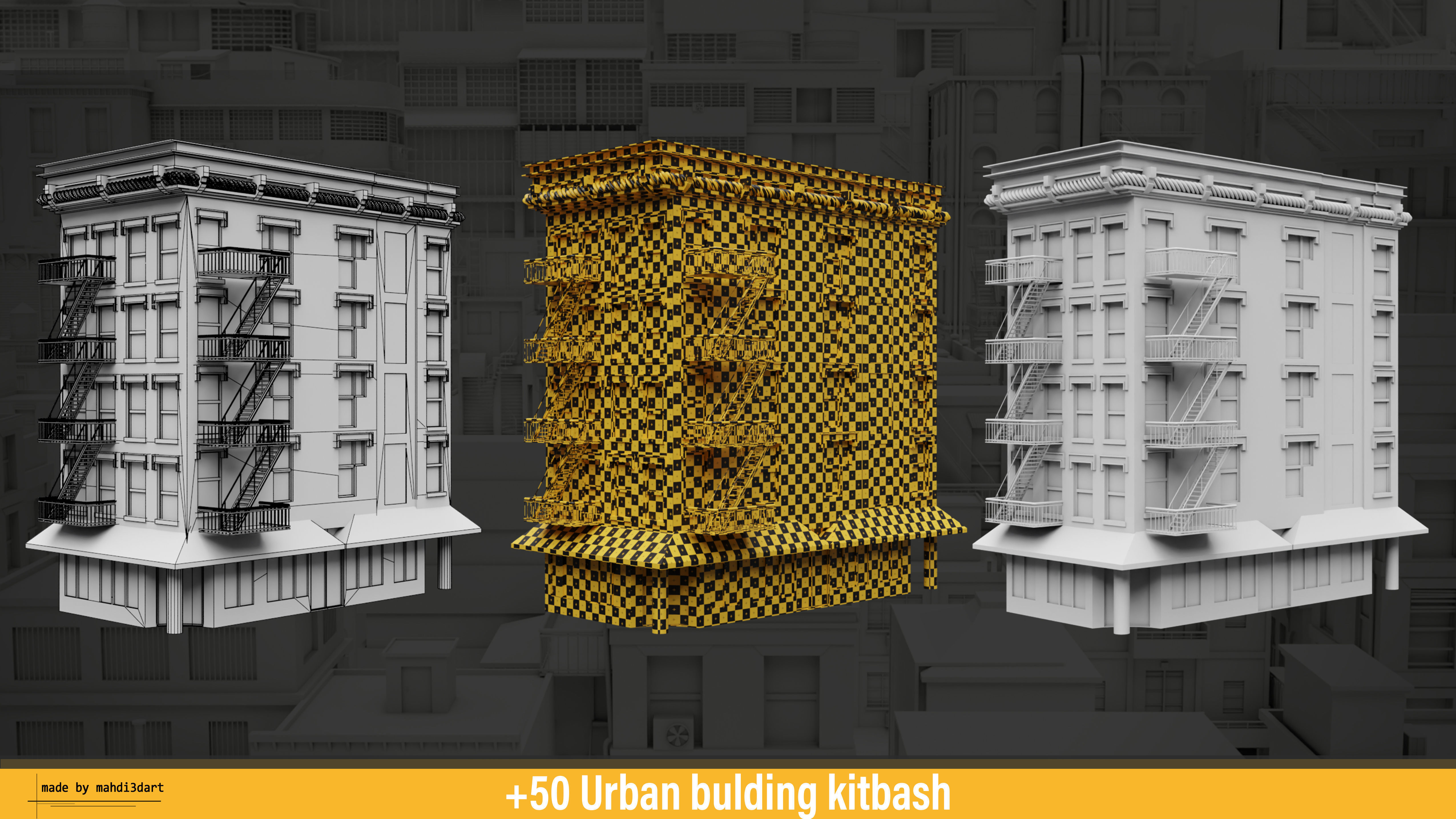 50 Urban building kitbash 3D model_4