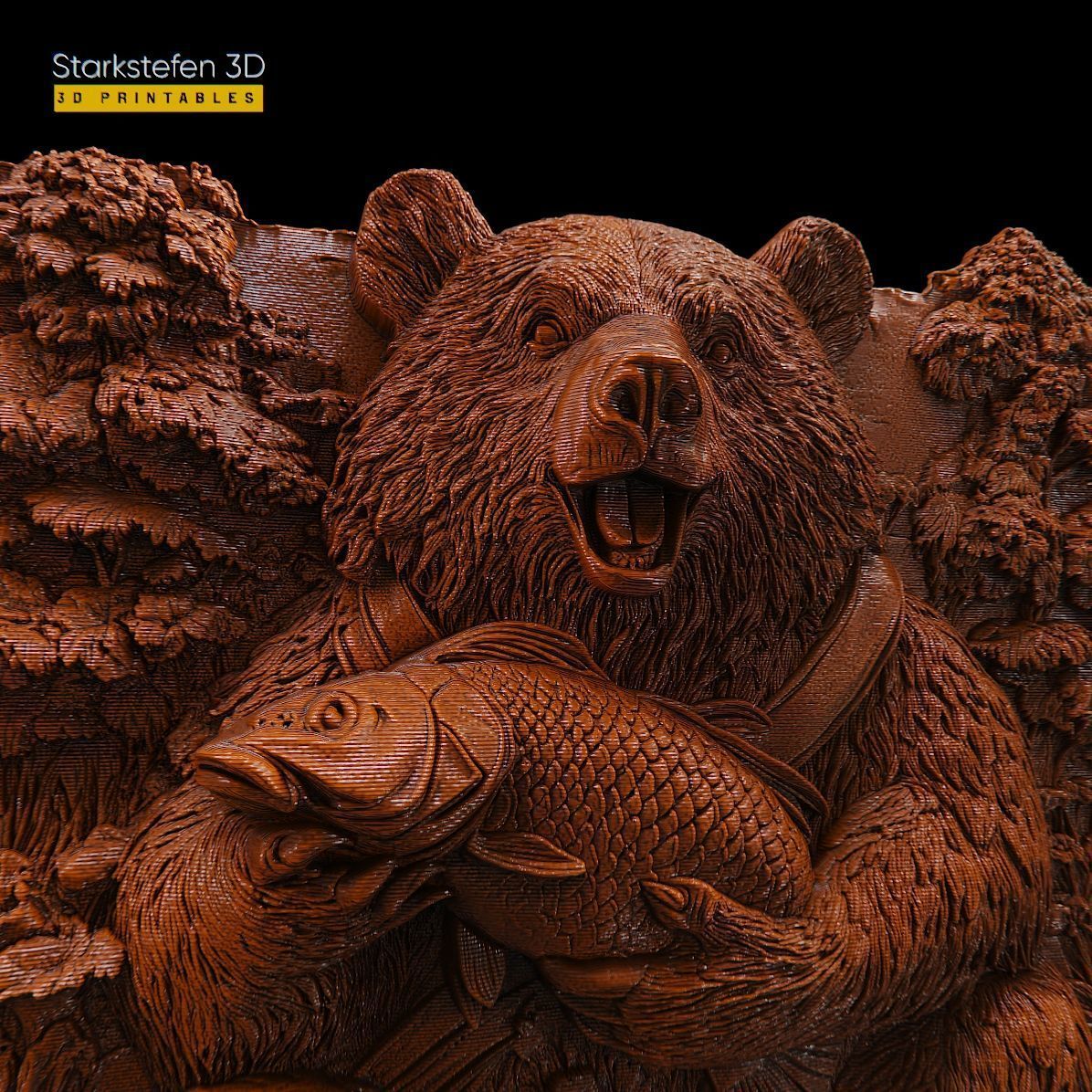 Bear with Fish 3D Relief 3D print model_2