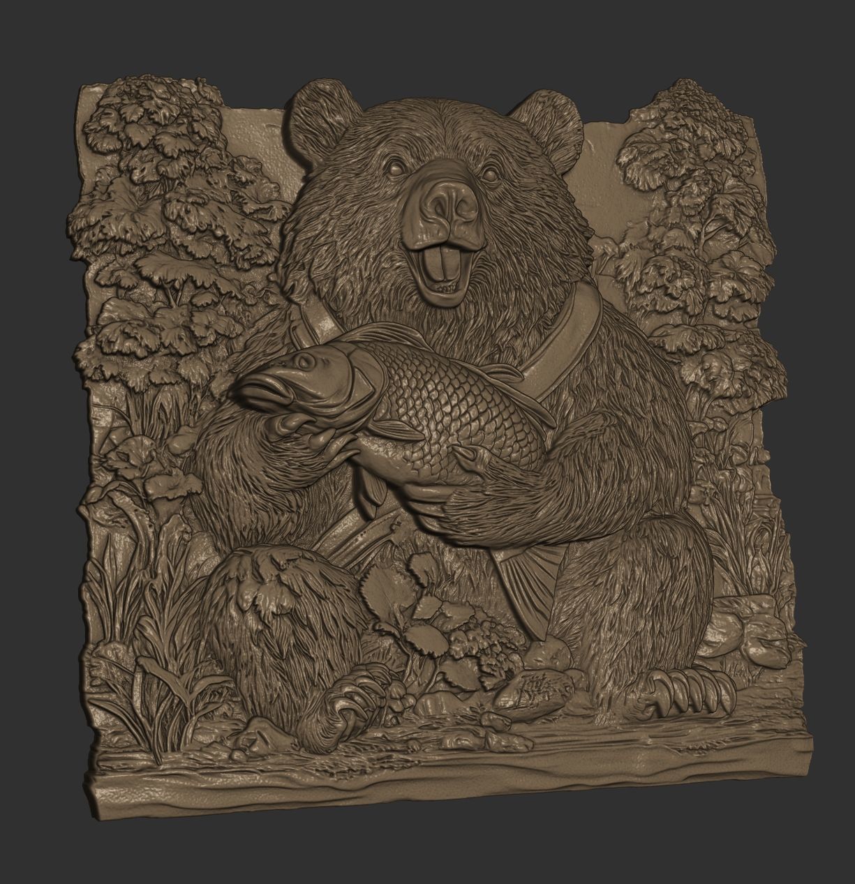 Bear with Fish 3D Relief 3D print model_1