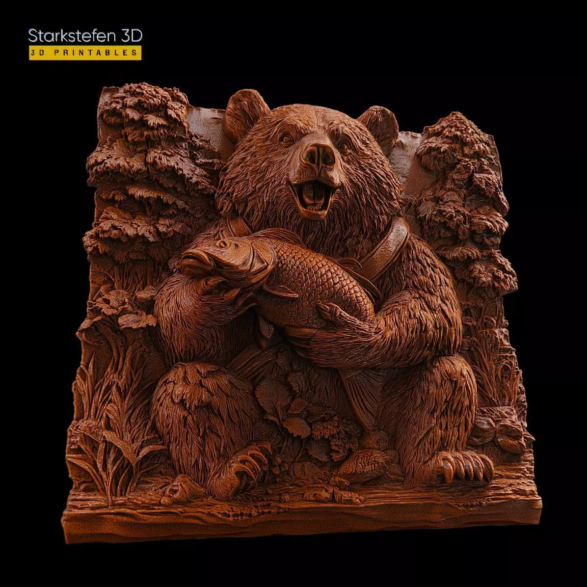 Bear with Fish 3D Relief 3D print model_0