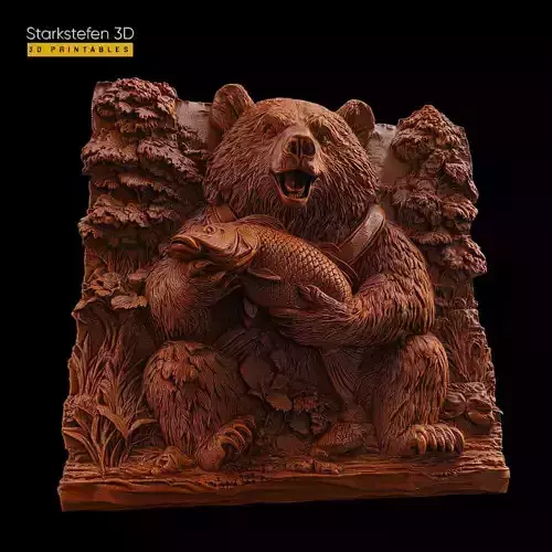 Bear with  Fish 3D Relief