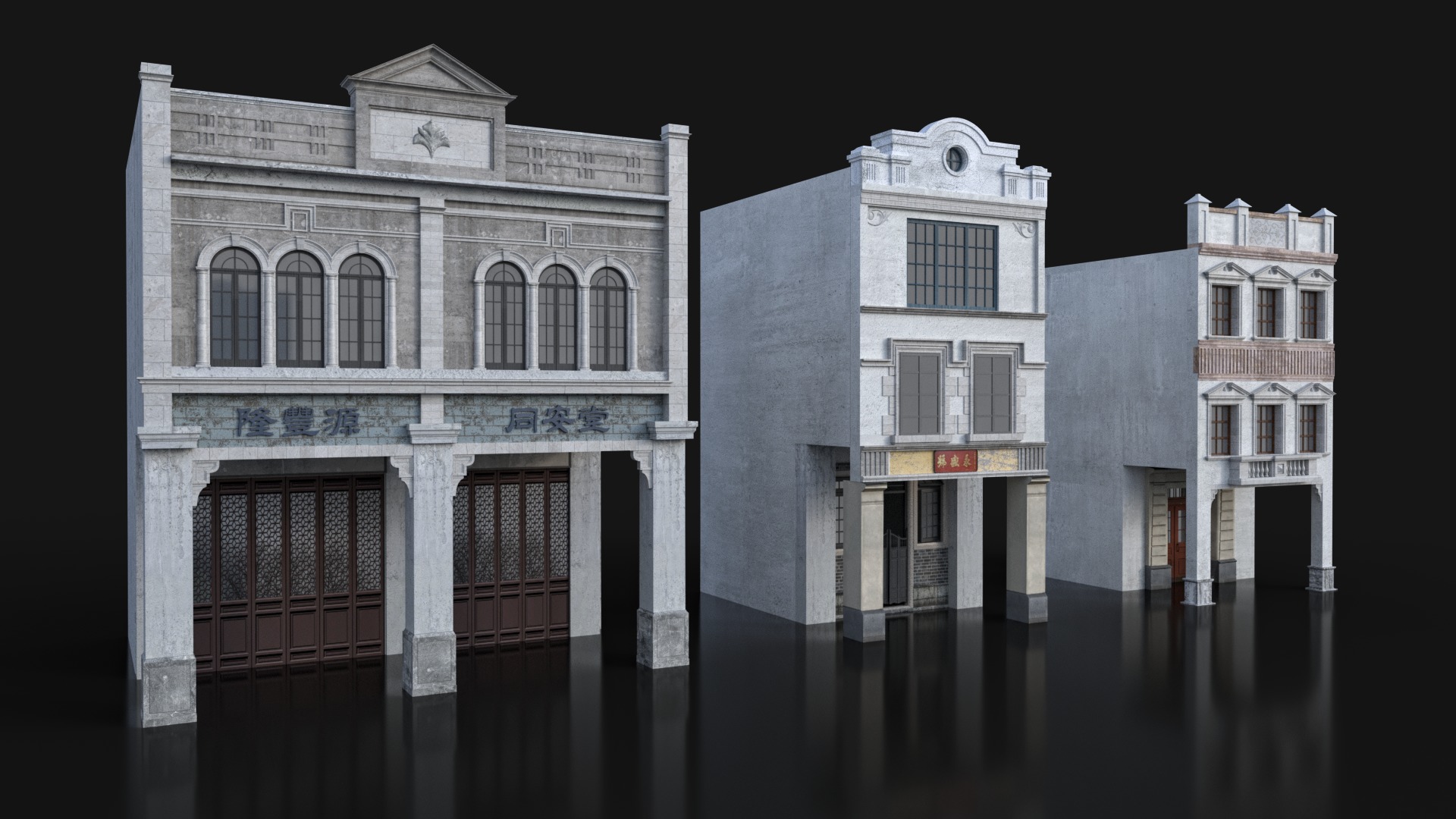 Chinese arcade streets shophouse Buildings kit 3D model_11