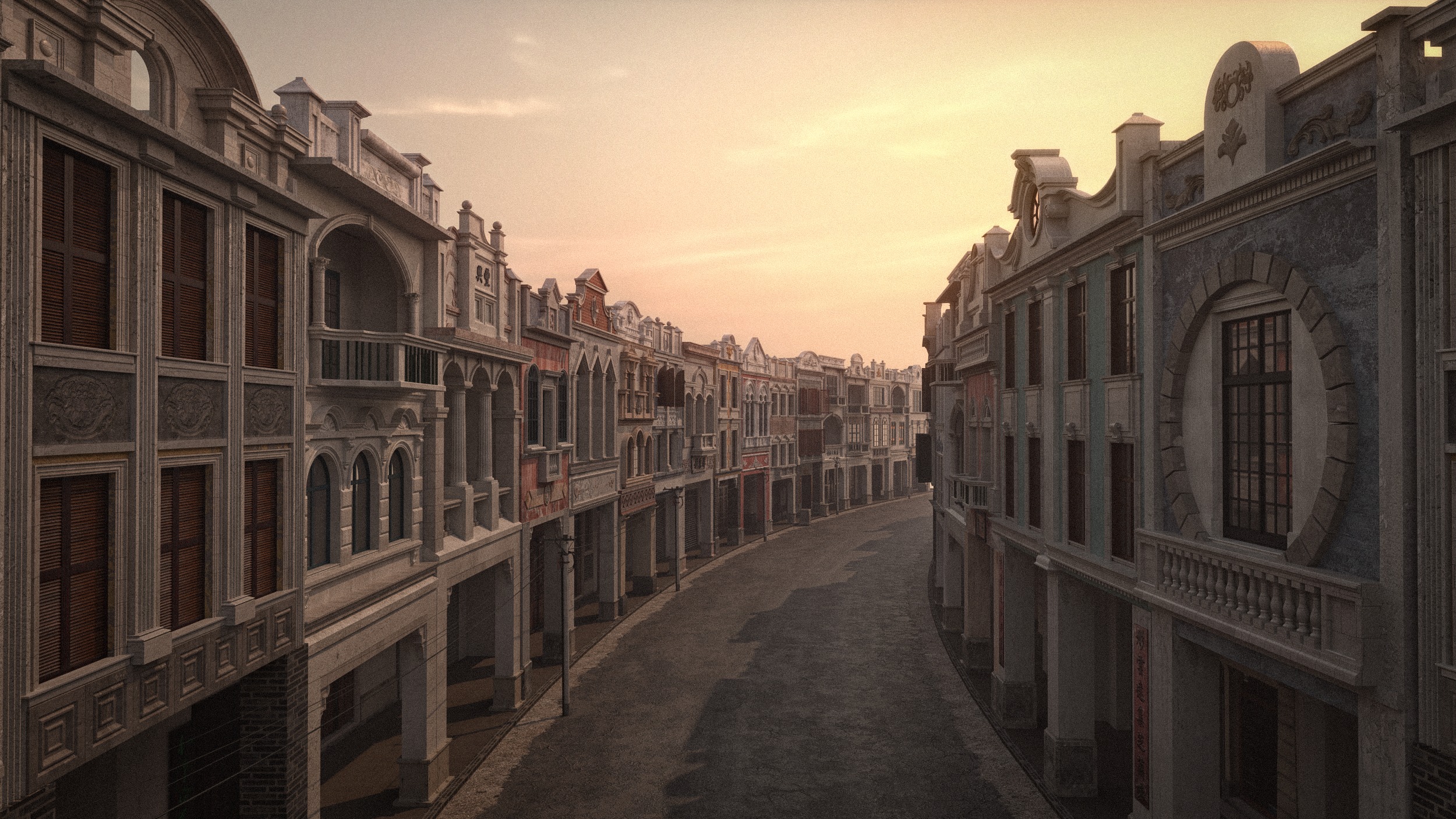 Chinese arcade streets shophouse Buildings kit 3D model_1