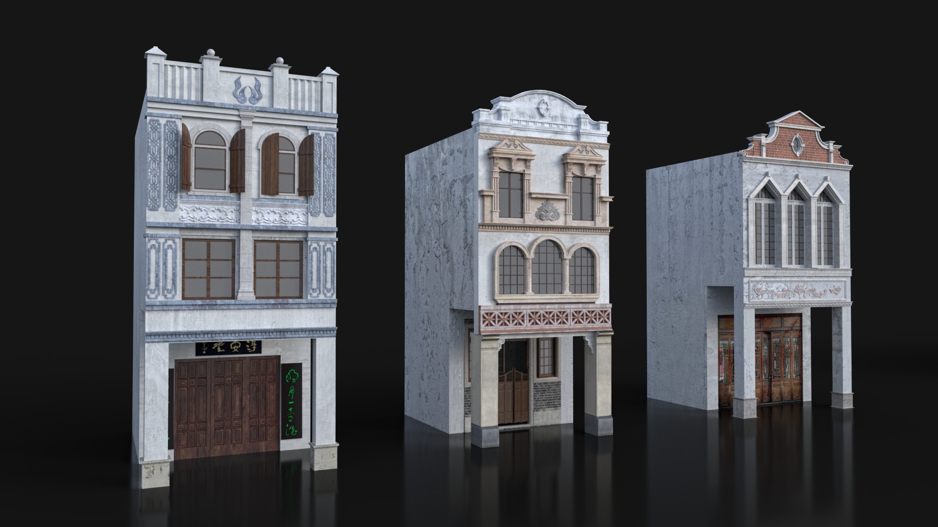 Chinese arcade streets shophouse Buildings kit 3D model_16