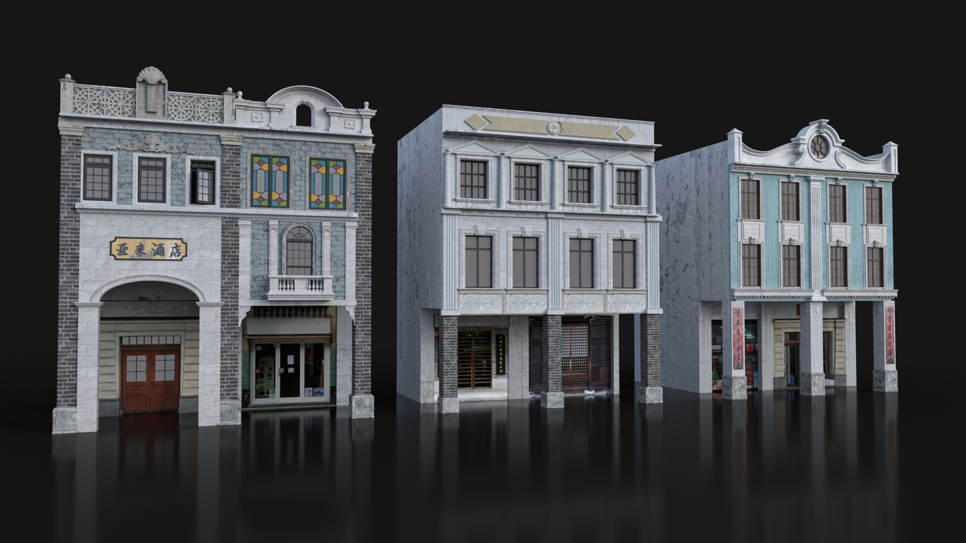 Chinese arcade streets shophouse Buildings kit 3D model_14