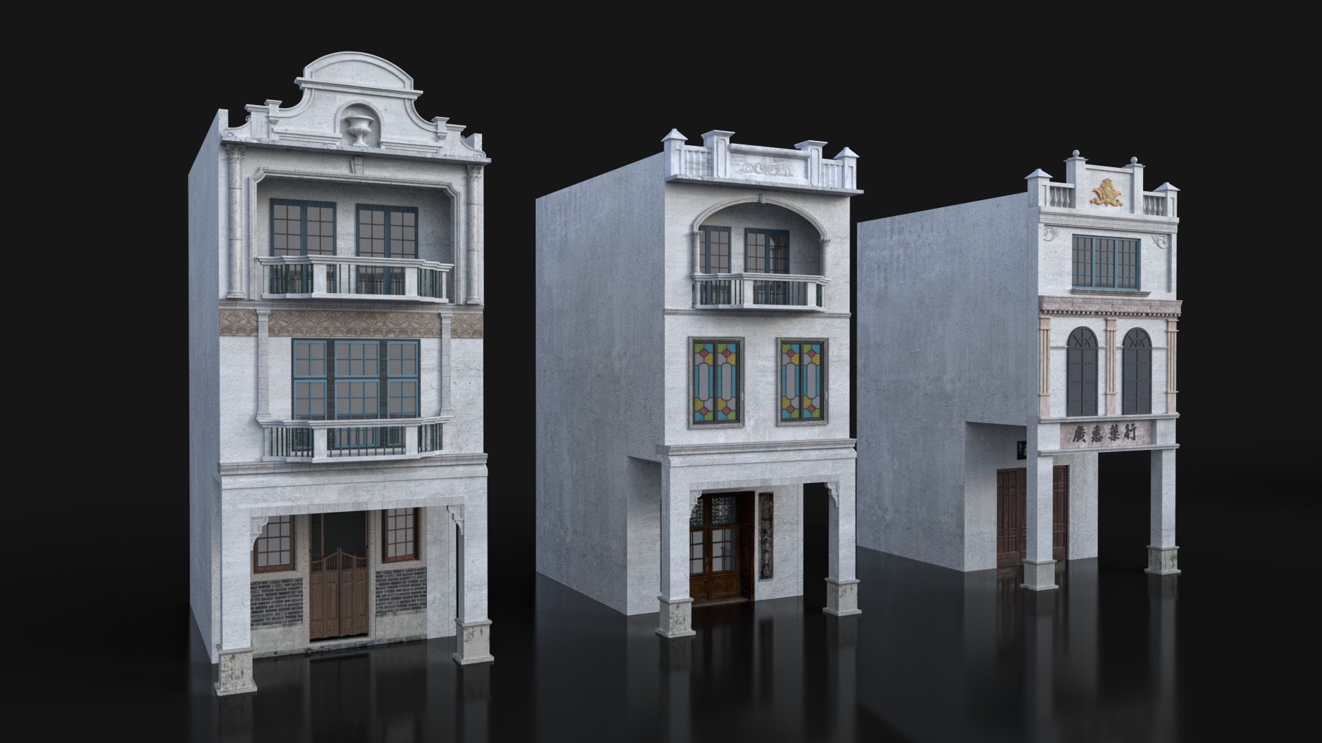 Chinese arcade streets shophouse Buildings kit 3D model_7