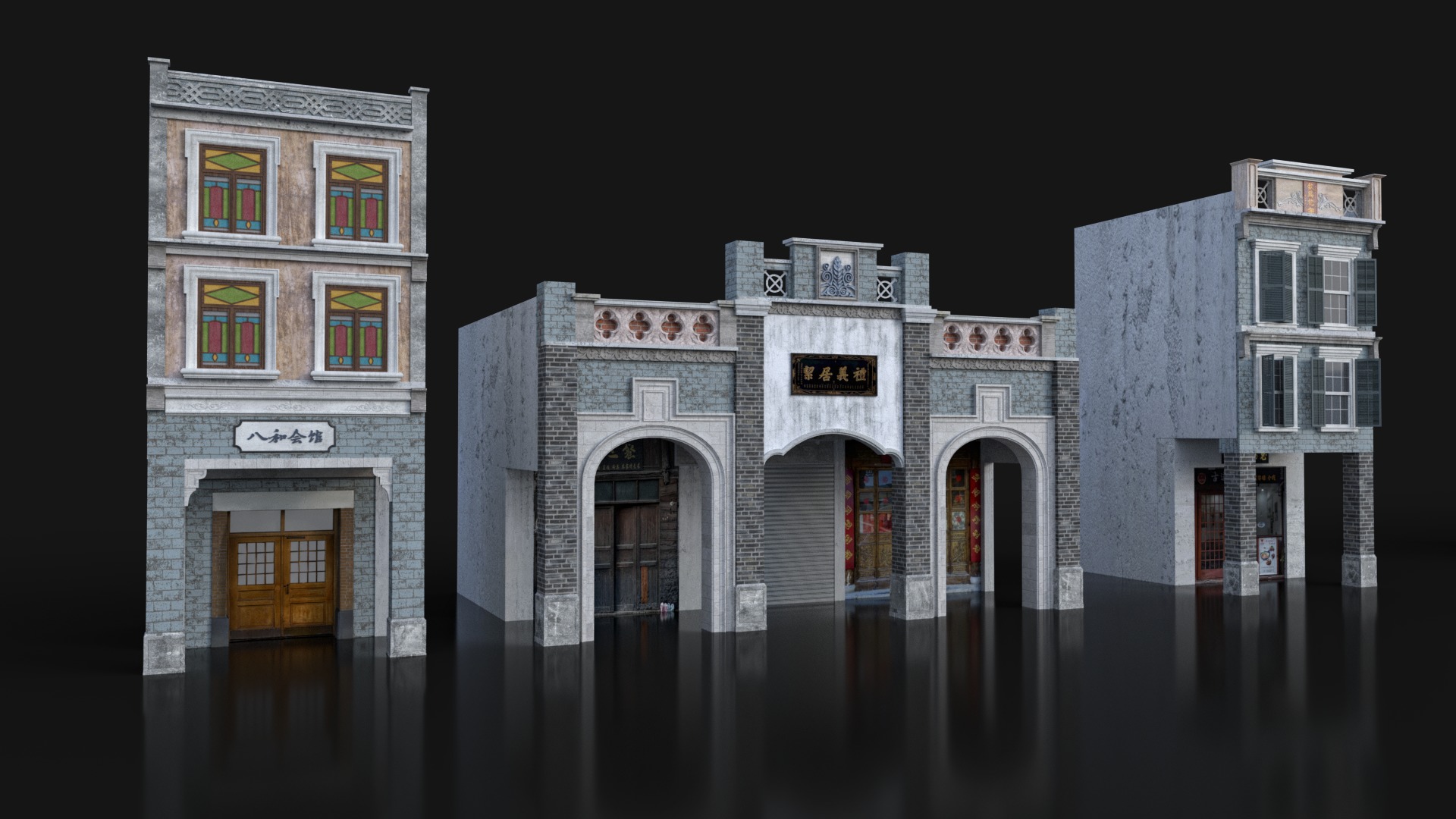 Chinese arcade streets shophouse Buildings kit 3D model_12