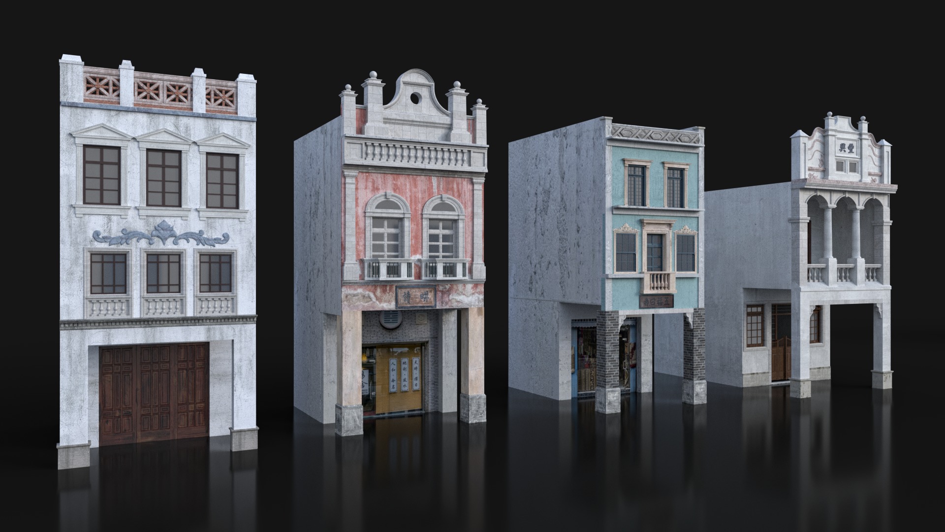 Chinese arcade streets shophouse Buildings kit 3D model_13