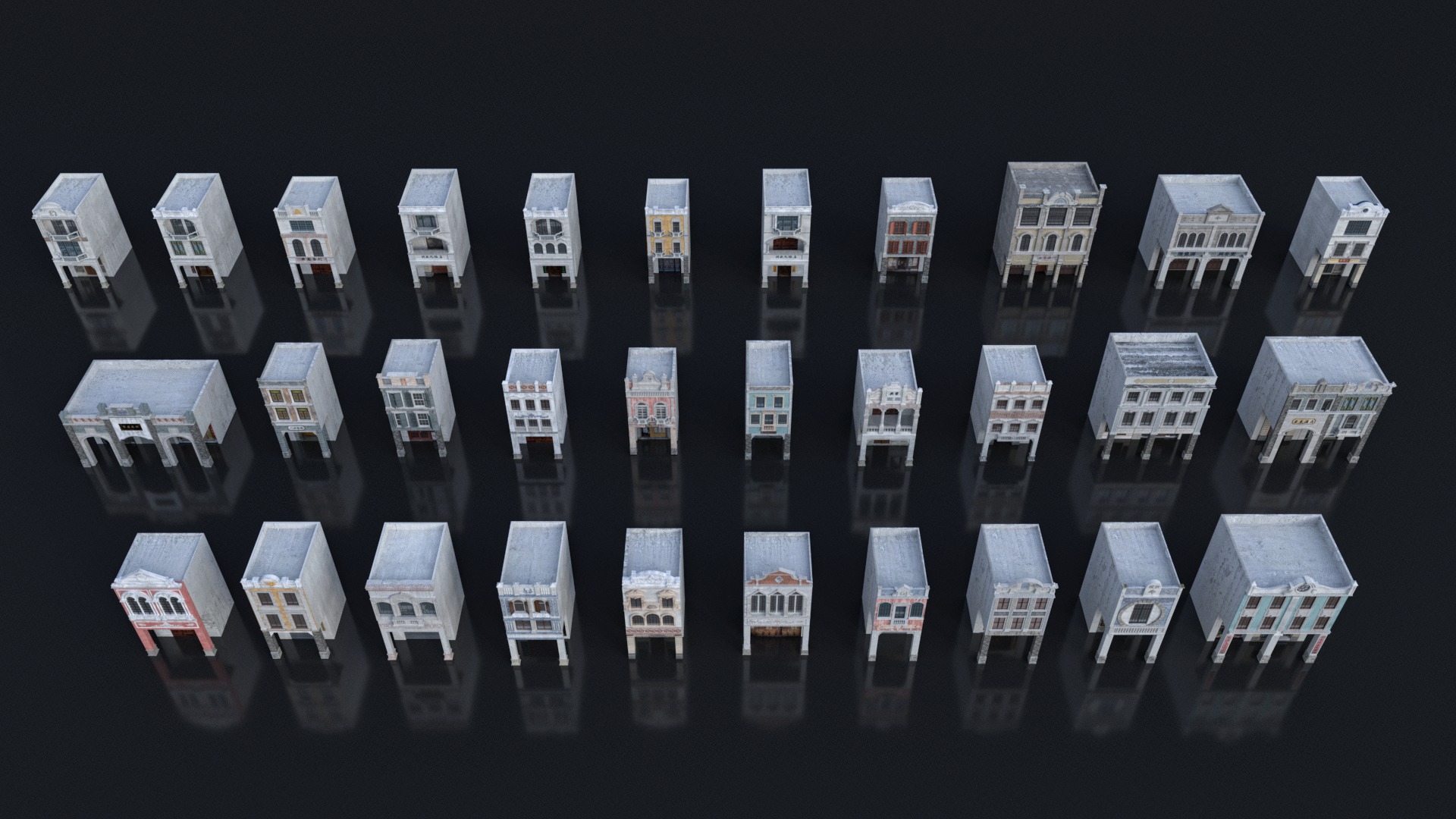 Chinese arcade streets shophouse Buildings kit 3D model_20
