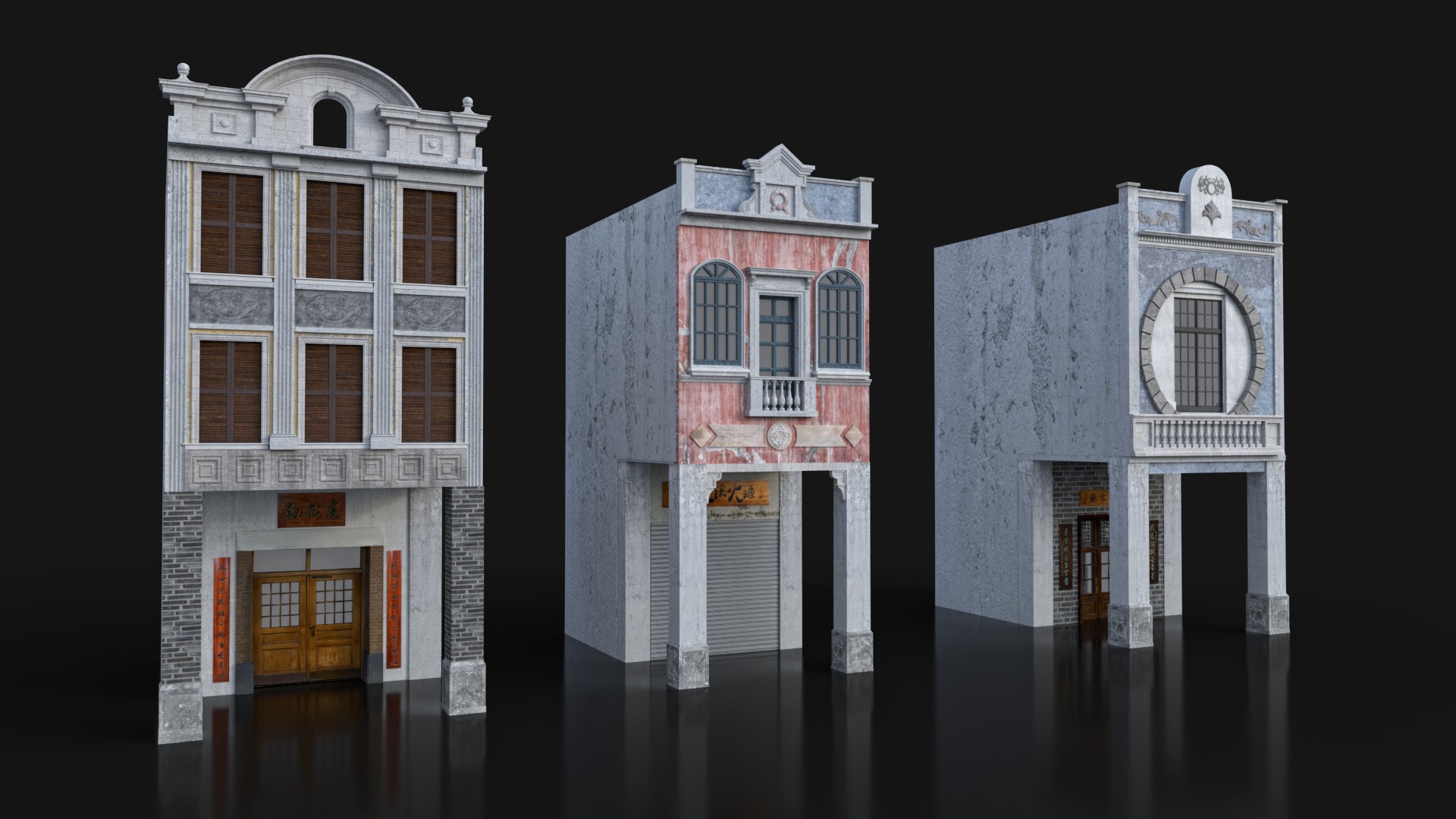 Chinese arcade streets shophouse Buildings kit 3D model_8