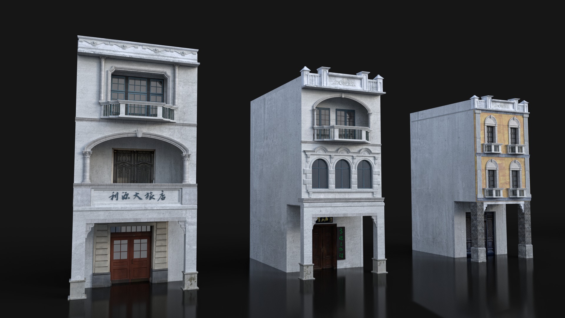 Chinese arcade streets shophouse Buildings kit 3D model_9