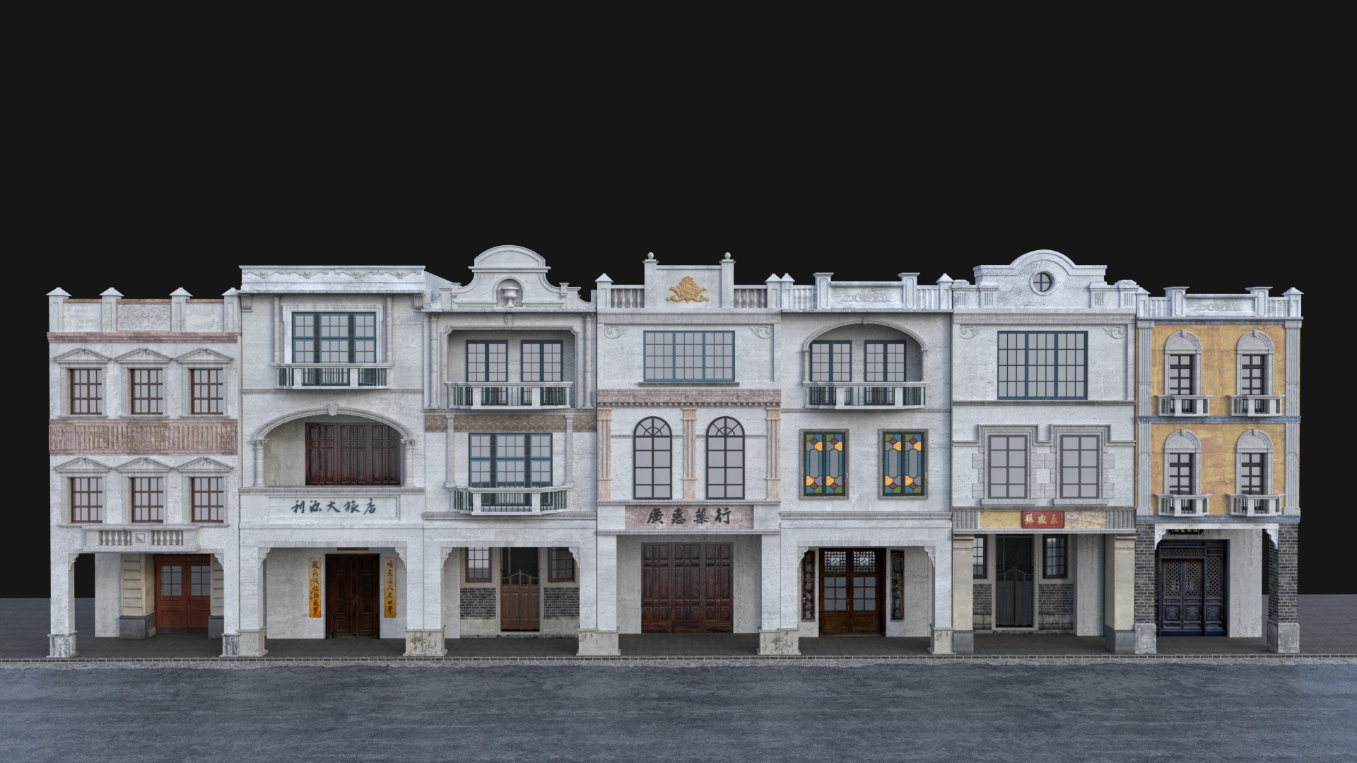 Chinese arcade streets shophouse Buildings kit 3D model_2