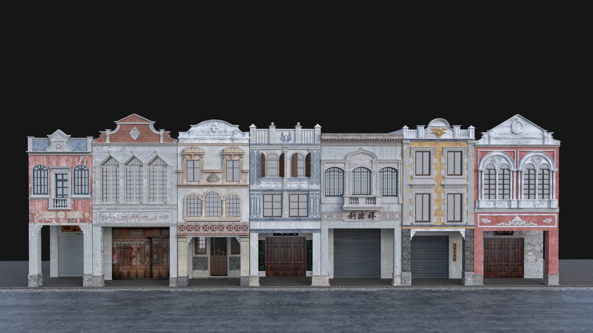 Chinese arcade streets shophouse Buildings kit 3D model_3