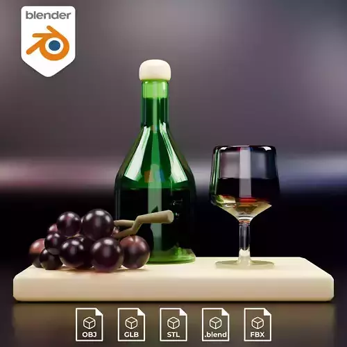 Wine Bottle Glass and Grapes 3D Model