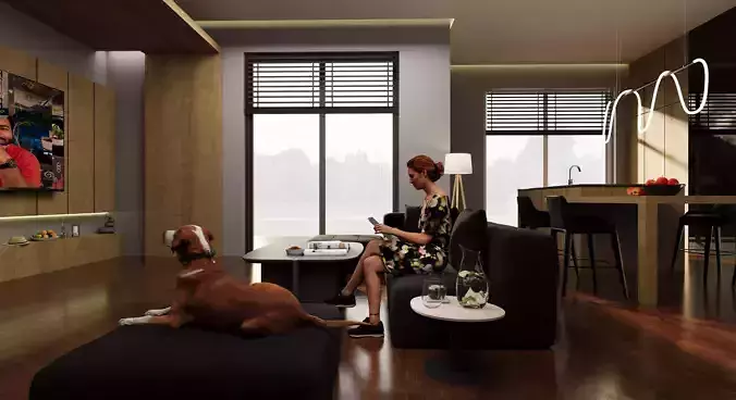 Modern Open Kitchen Cum Living Room 3D model